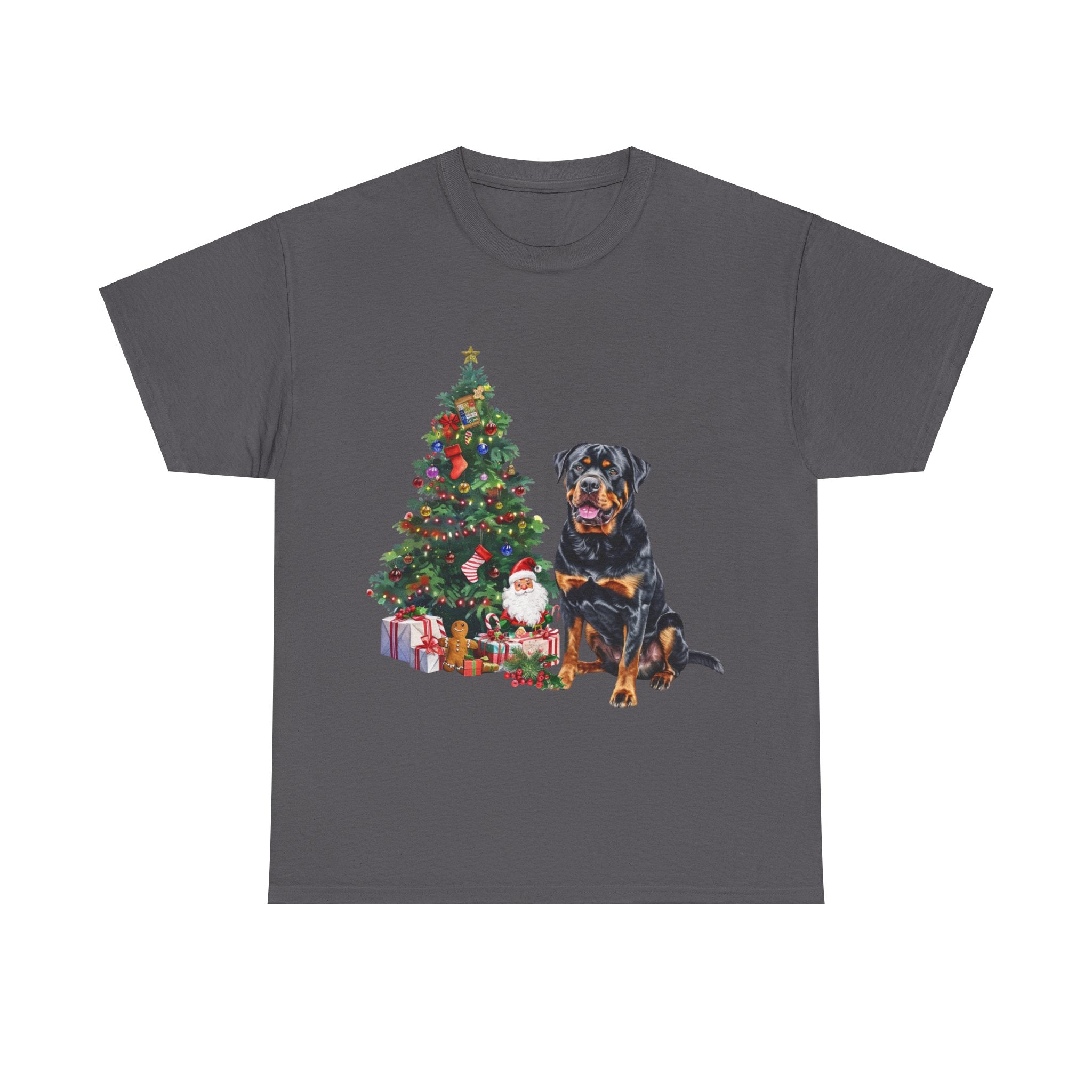 Printify T-Shirt Charcoal / S Rottweiler with Christmas Tree and Gifts – Festive Holiday Dog Art