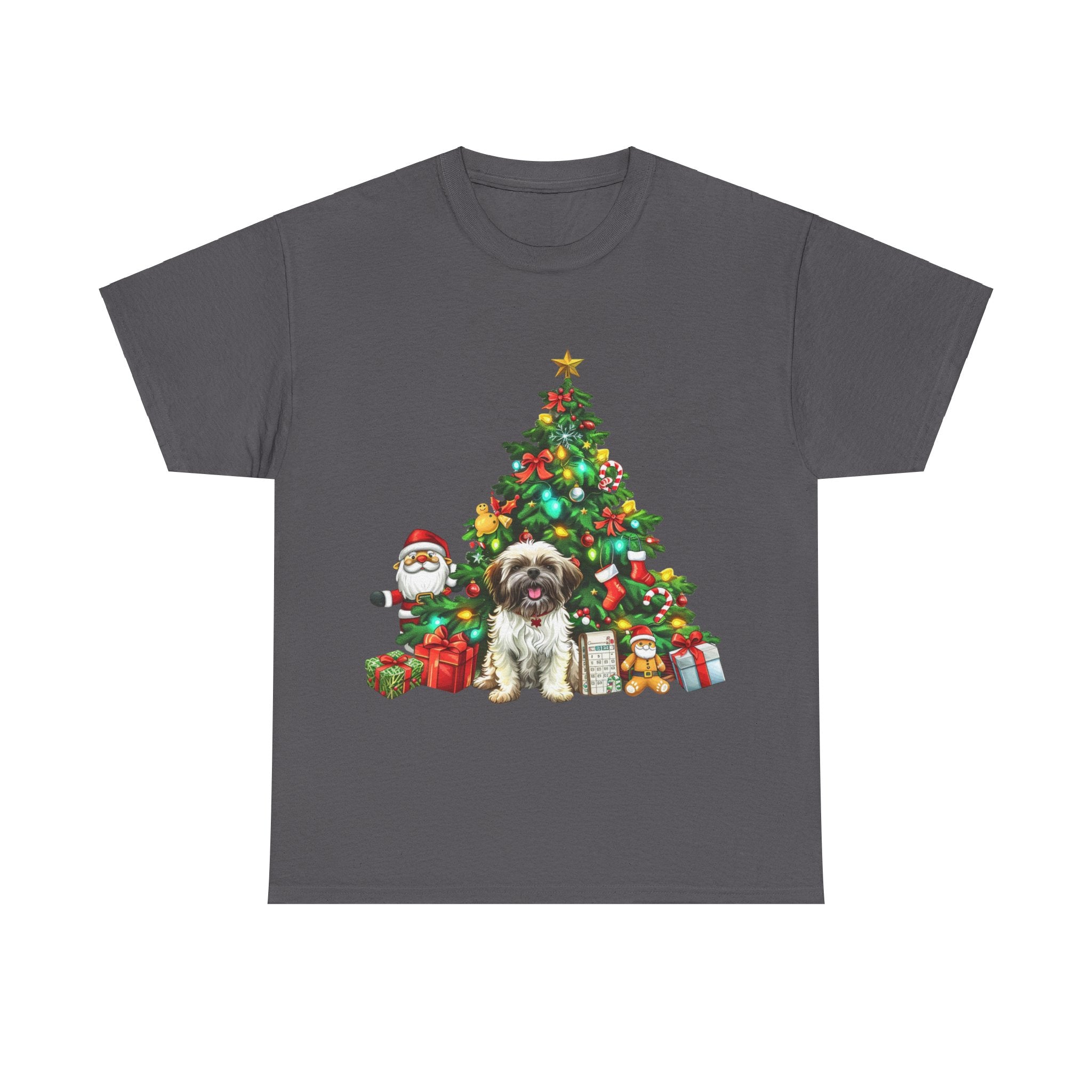 Printify T-Shirt Charcoal / S Shih Tzu with Christmas Tree and Gifts – Festive Holiday Dog Art