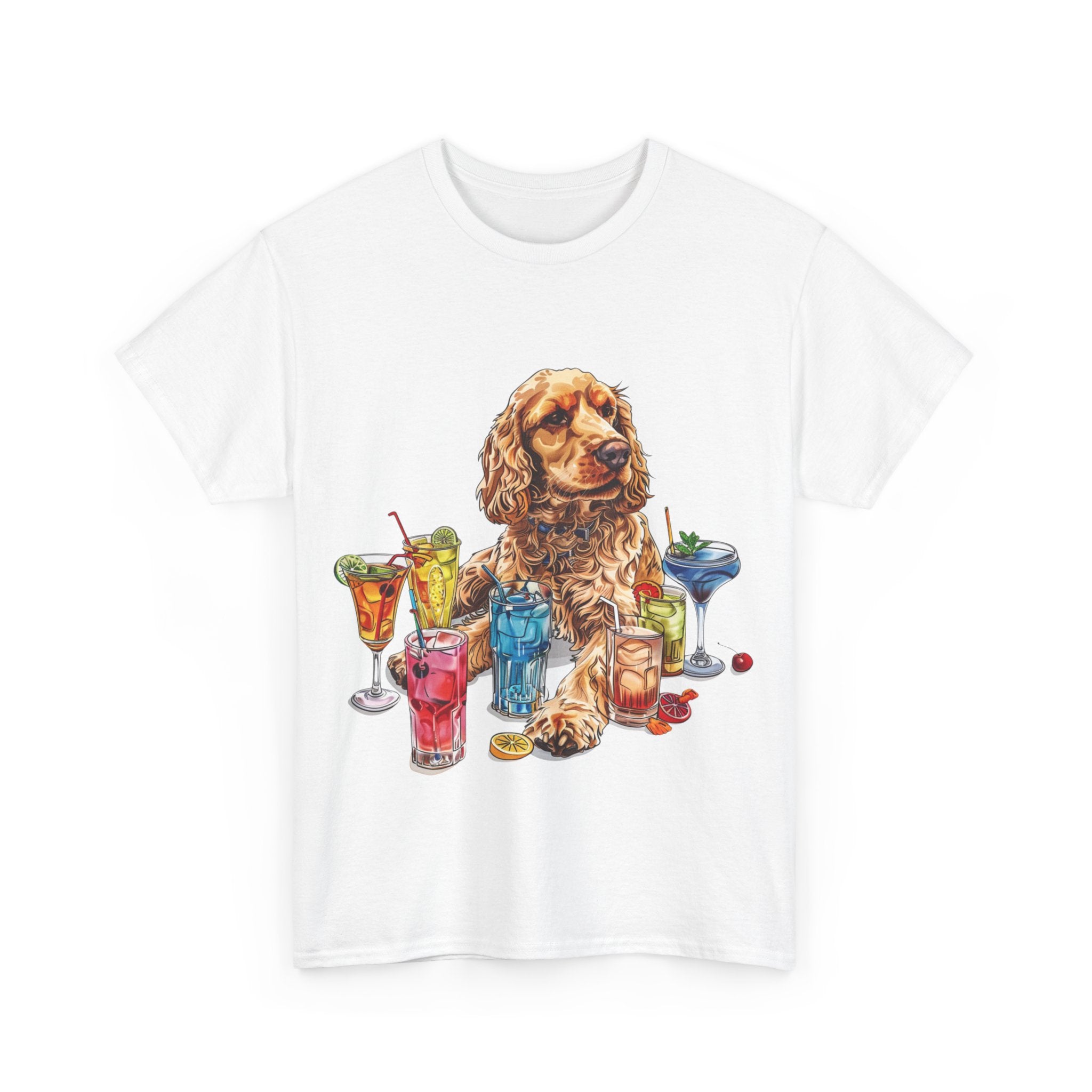 Printify T-Shirt Charming Cocker Spaniel with Refreshing Cocktails – A Splash of Fun