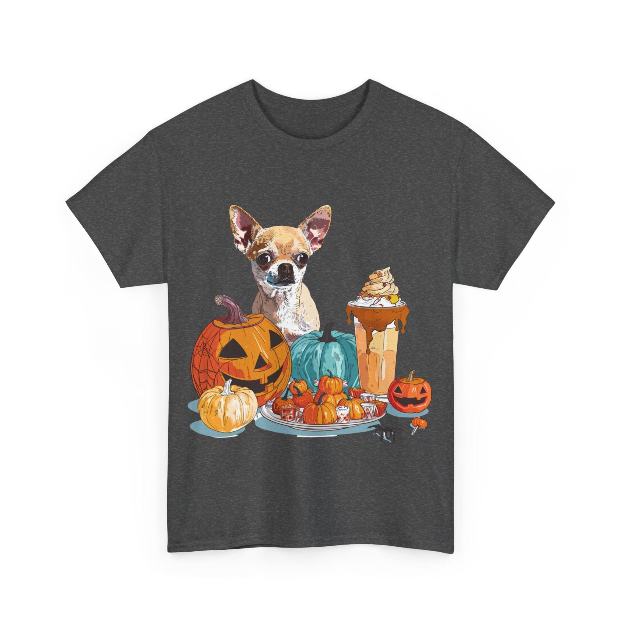 Printify T-Shirt Chihuahua Halloween Design with Jack-o'-Lanterns and Festive Sweets – Perfect for Dog Lovers