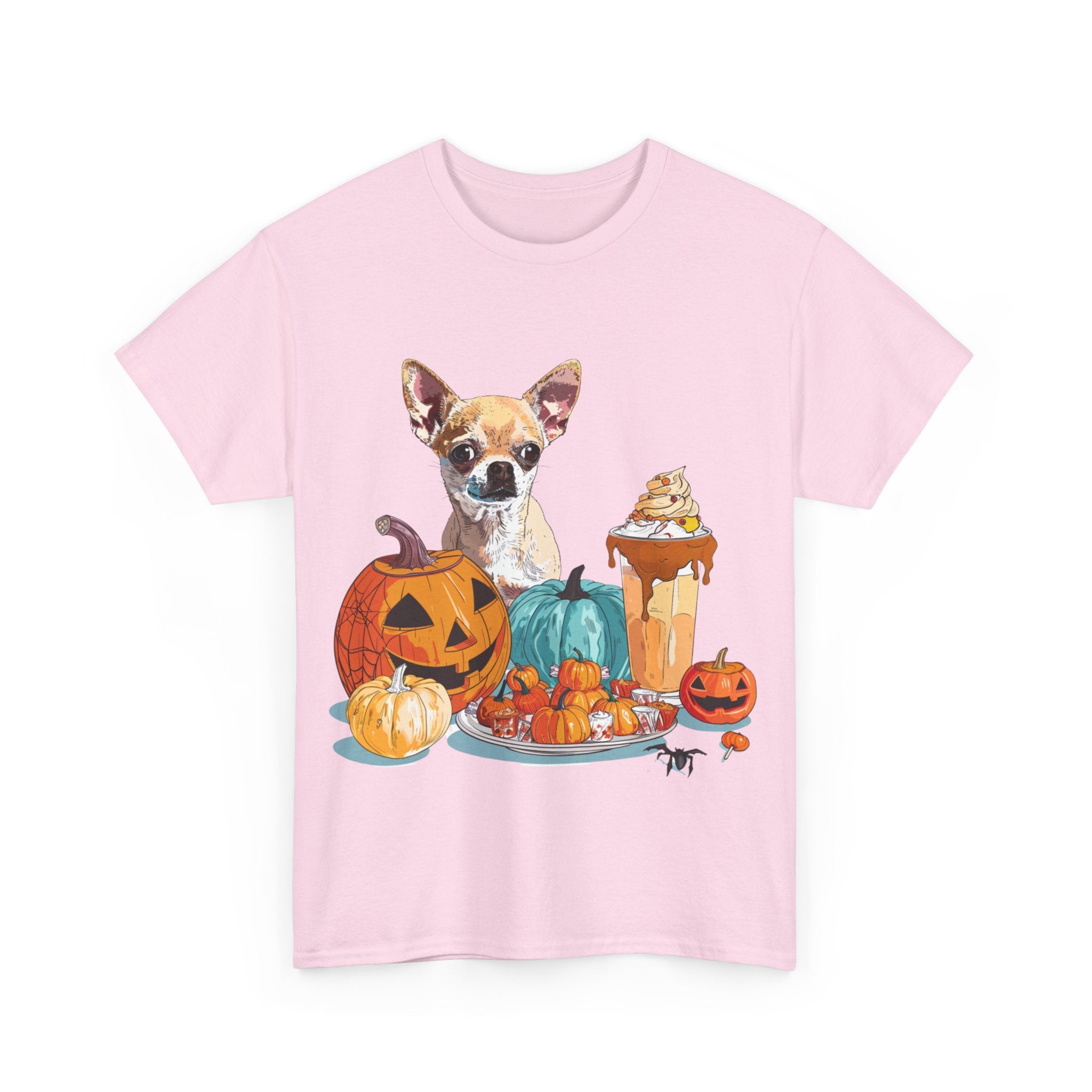 Printify T-Shirt Chihuahua Halloween Design with Jack-o'-Lanterns and Festive Sweets – Perfect for Dog Lovers