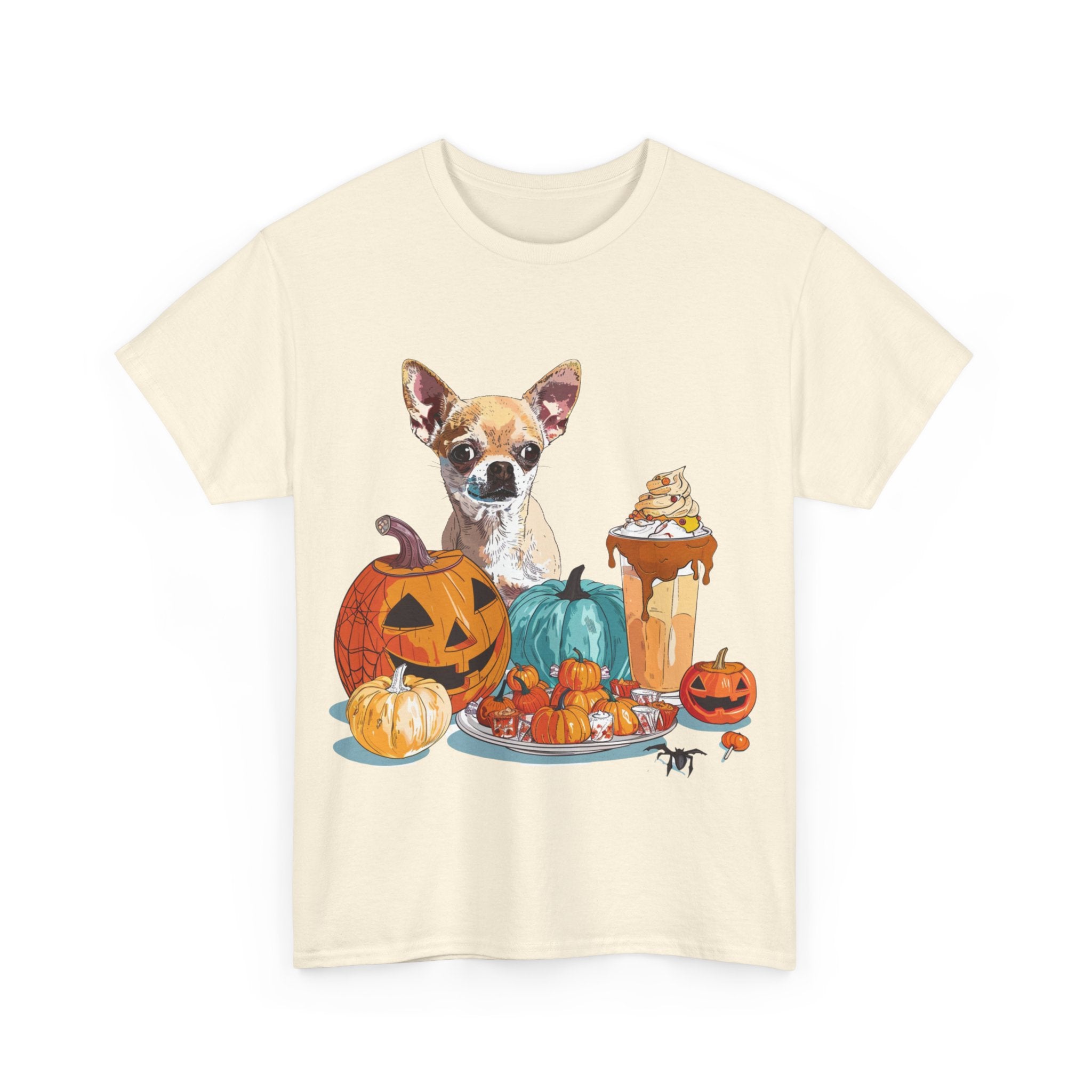 Printify T-Shirt Chihuahua Halloween Design with Jack-o'-Lanterns and Festive Sweets – Perfect for Dog Lovers