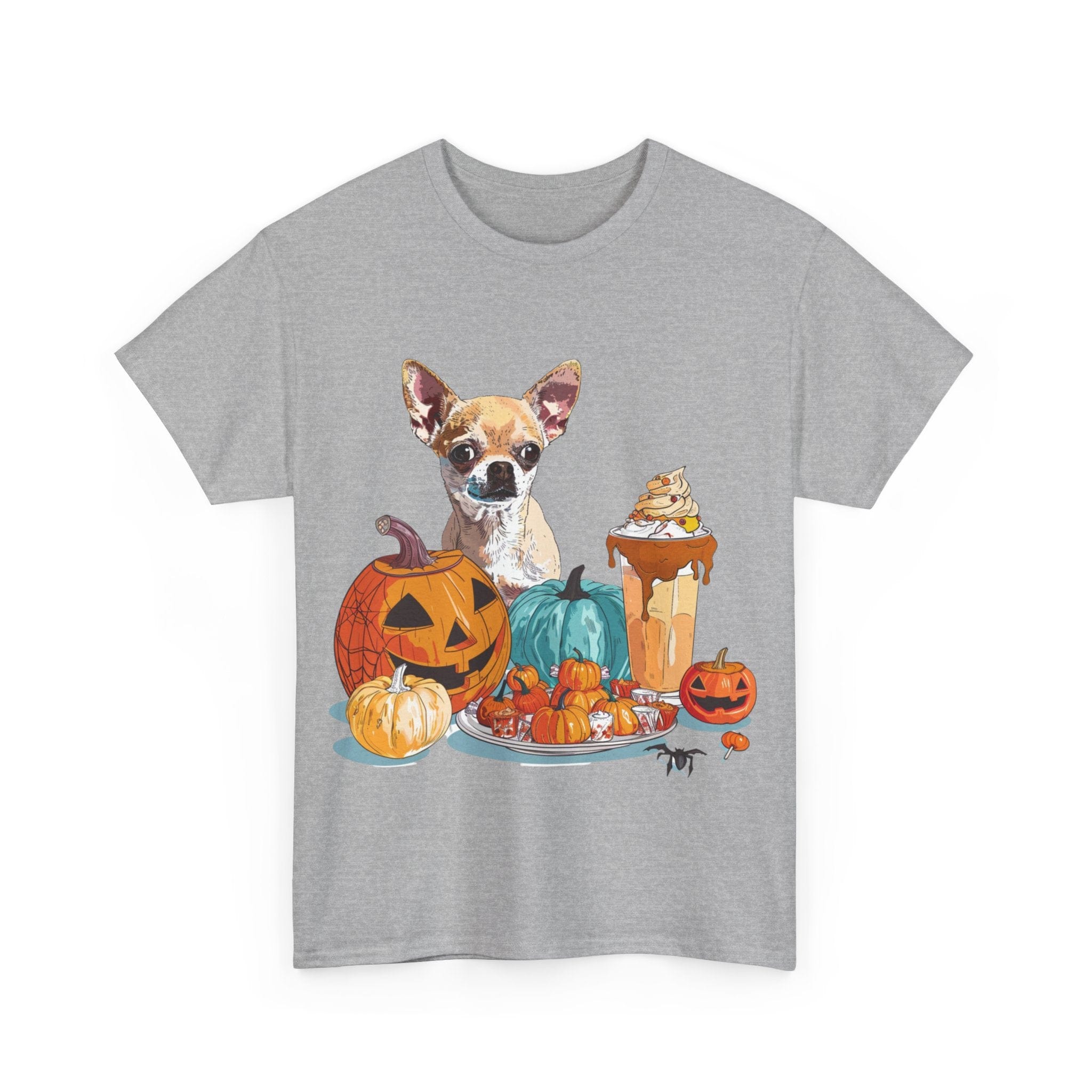 Printify T-Shirt Chihuahua Halloween Design with Jack-o'-Lanterns and Festive Sweets – Perfect for Dog Lovers