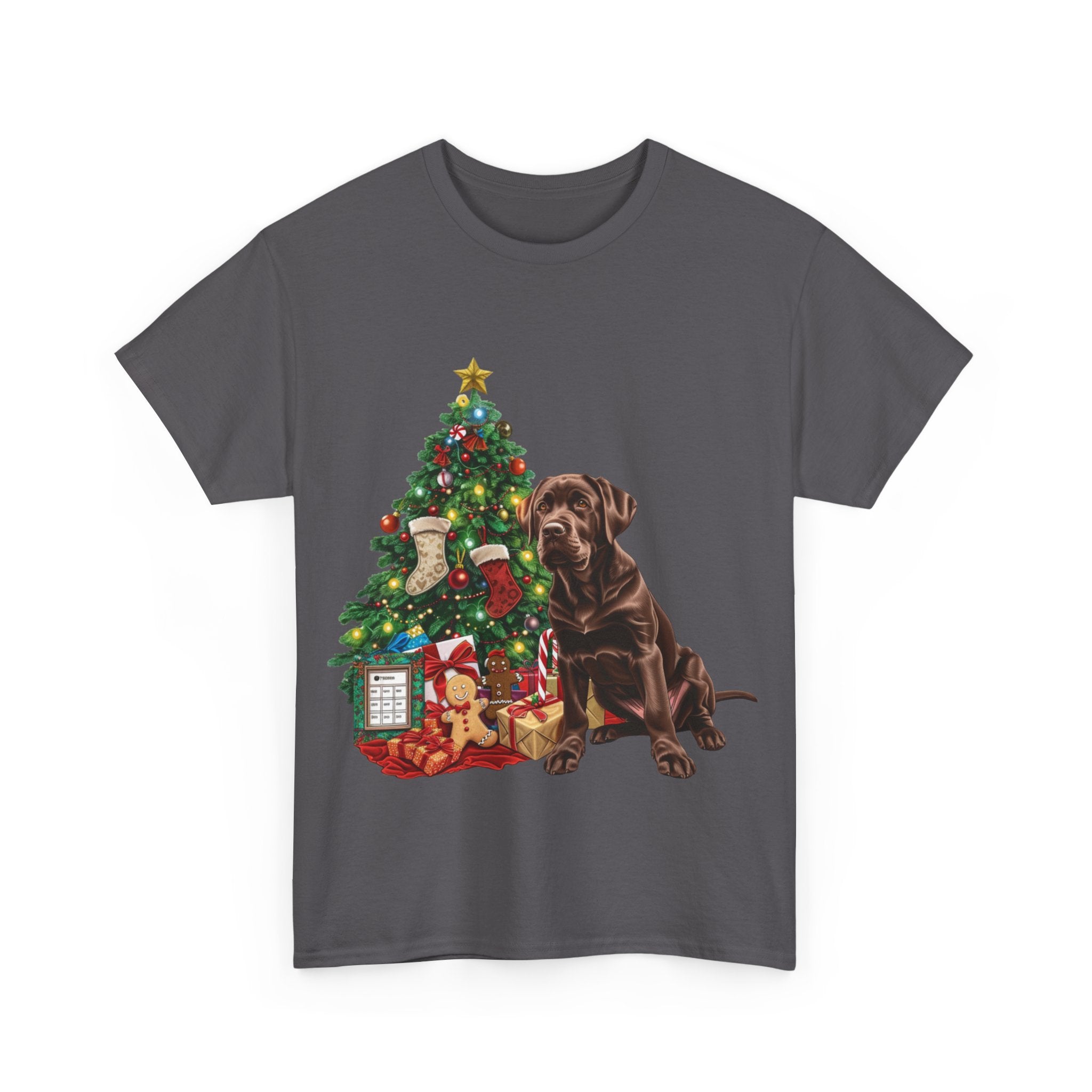 Printify T-Shirt Chocolate Labrador with Christmas Tree and Presents – Festive Holiday Dog Art