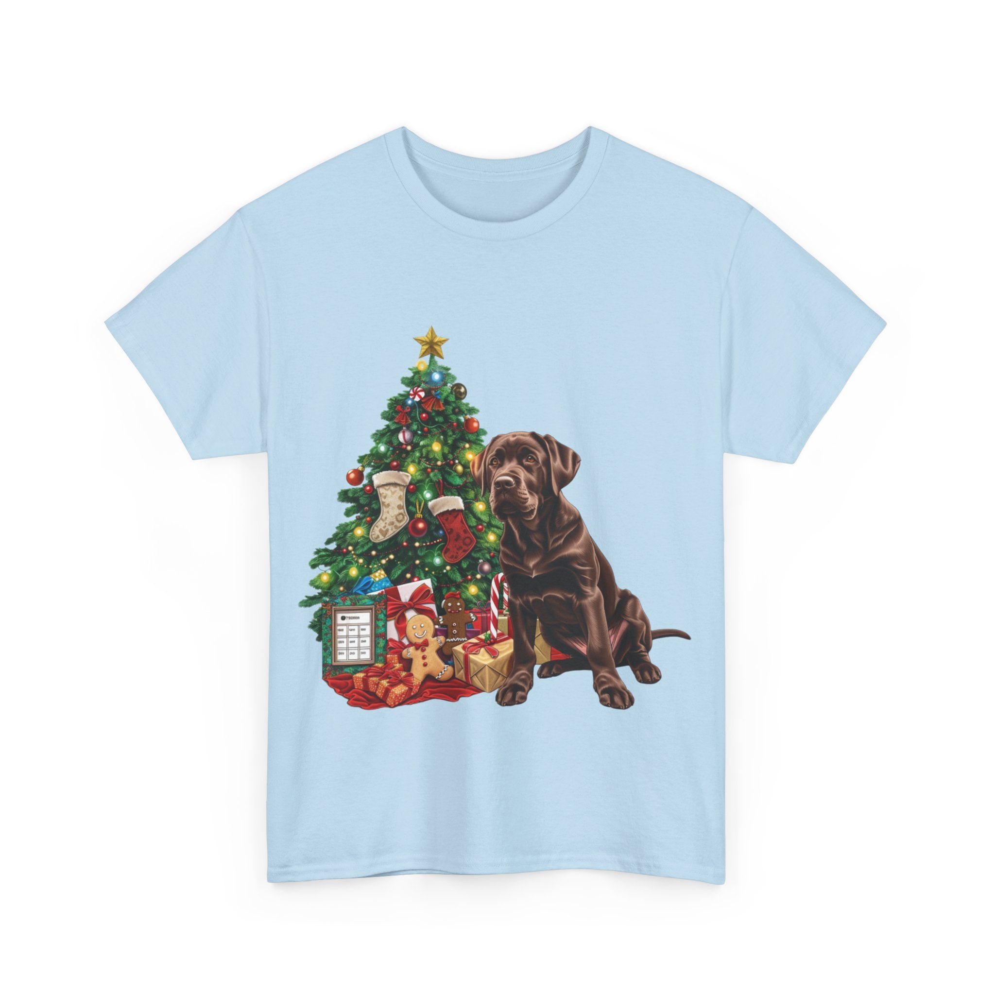 Printify T-Shirt Chocolate Labrador with Christmas Tree and Presents – Festive Holiday Dog Art