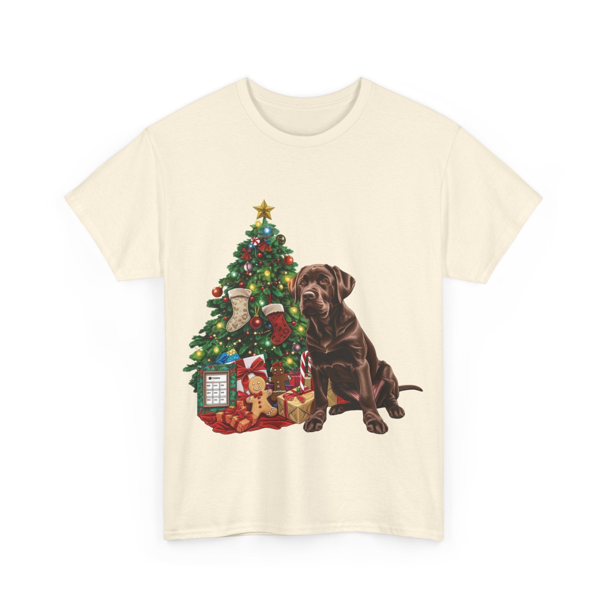 Printify T-Shirt Chocolate Labrador with Christmas Tree and Presents – Festive Holiday Dog Art