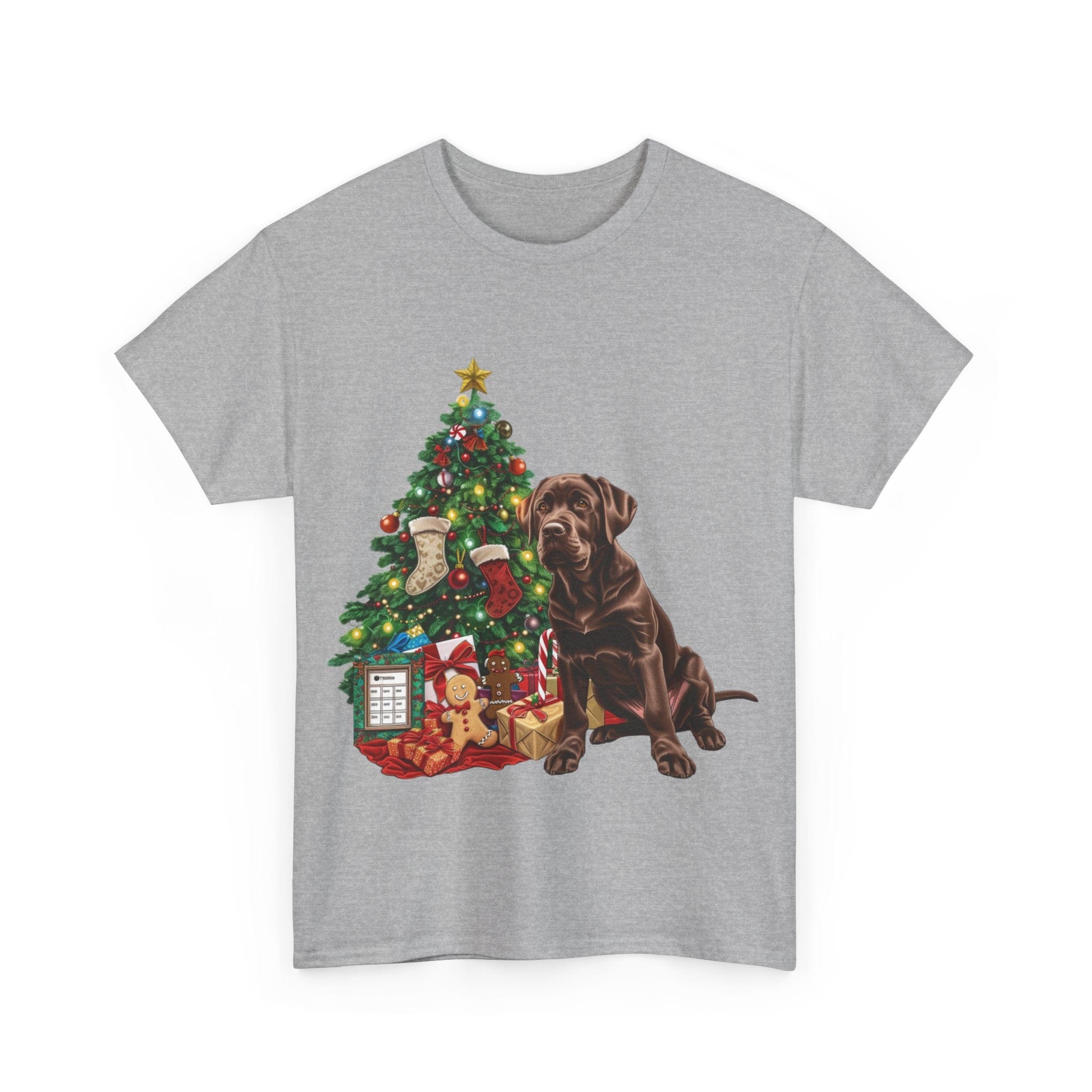 Printify T-Shirt Chocolate Labrador with Christmas Tree and Presents – Festive Holiday Dog Art