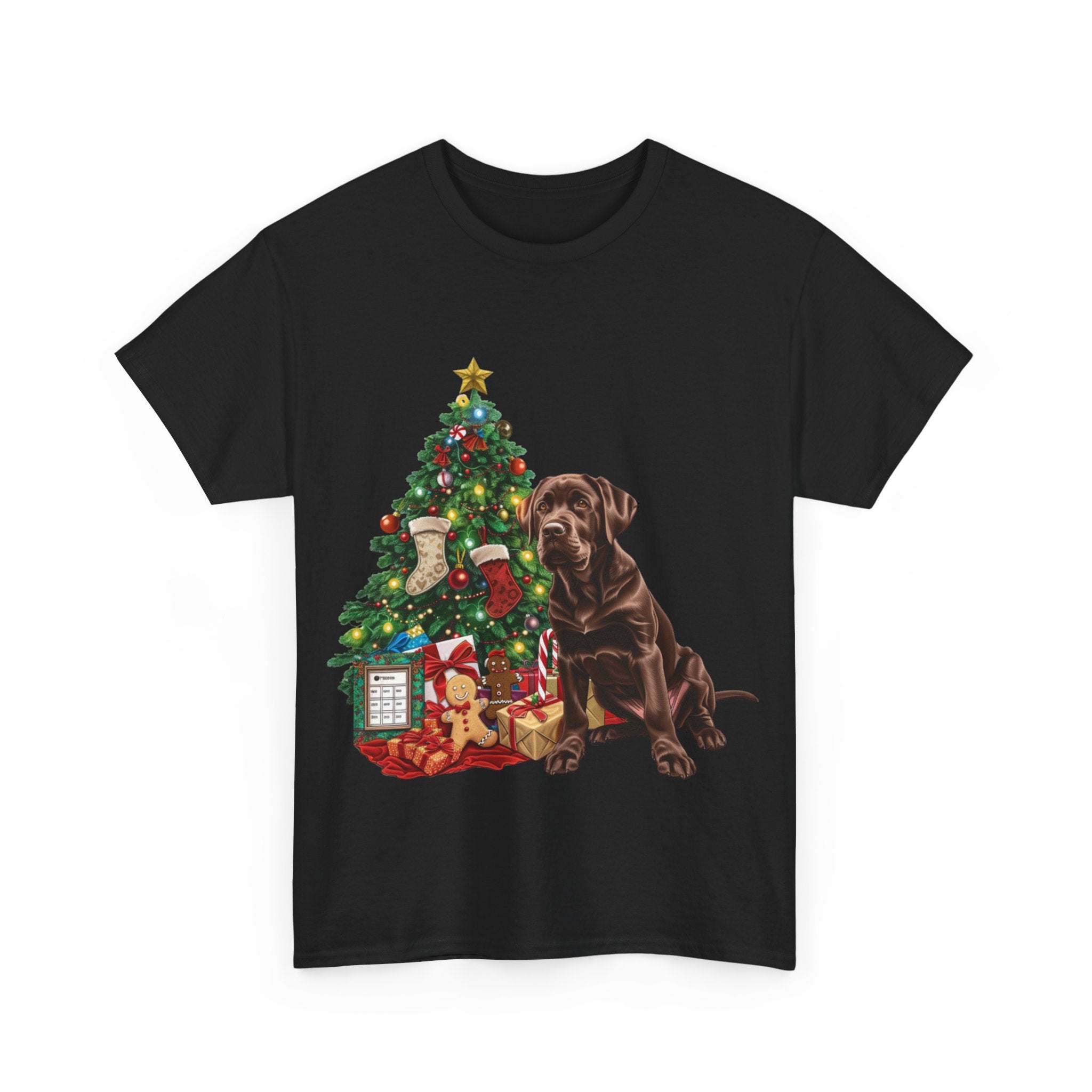 Printify T-Shirt Chocolate Labrador with Christmas Tree and Presents – Festive Holiday Dog Art