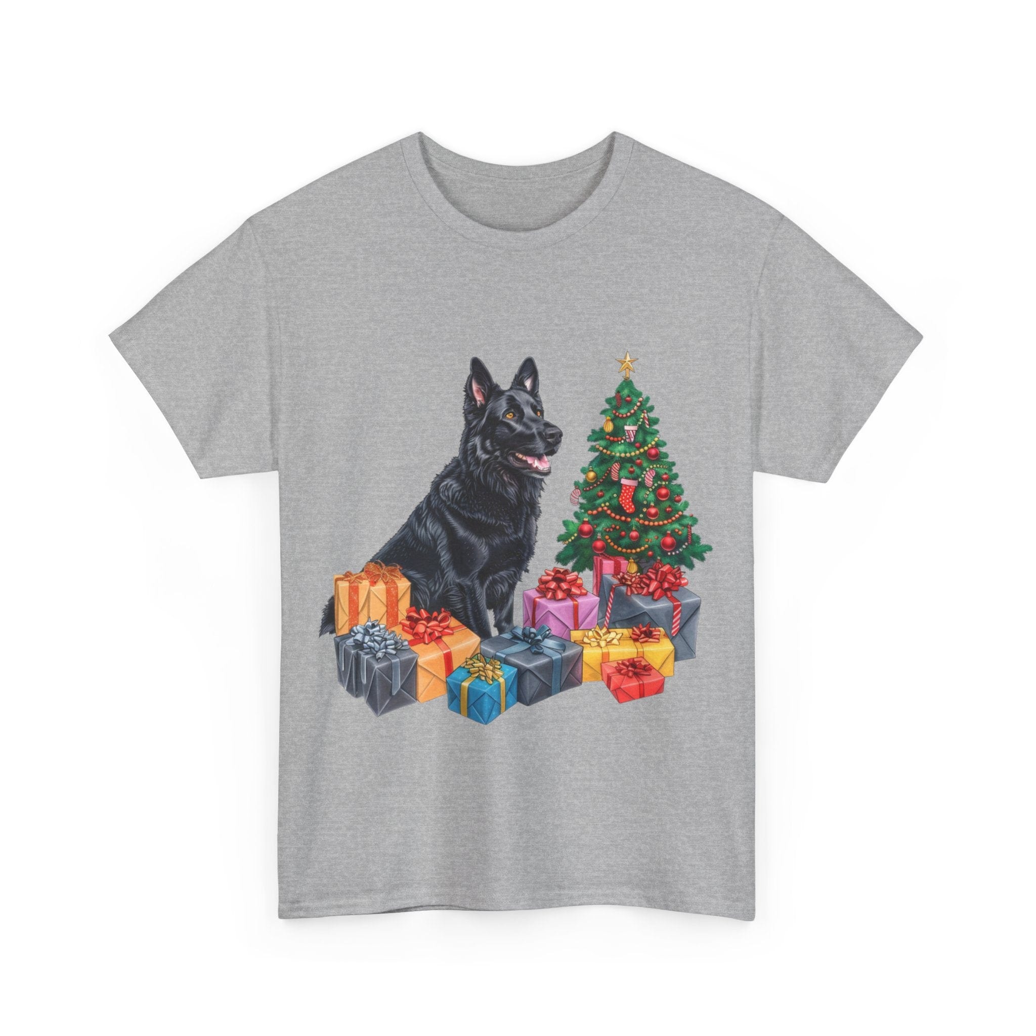 Printify T-Shirt Christmas Black Shepherd Dog with Gifts and Tree – A Festive and Loyal Companion