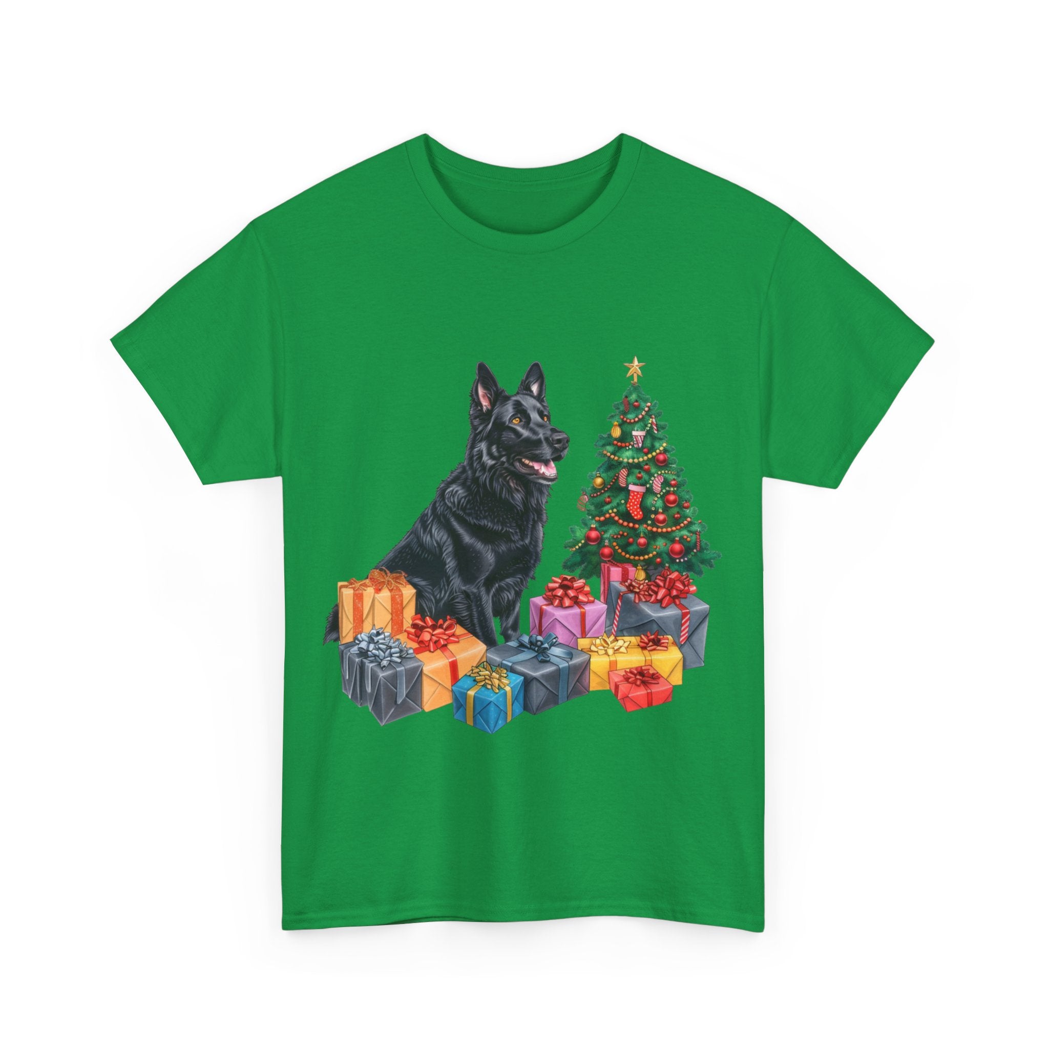 Printify T-Shirt Christmas Black Shepherd Dog with Gifts and Tree – A Festive and Loyal Companion