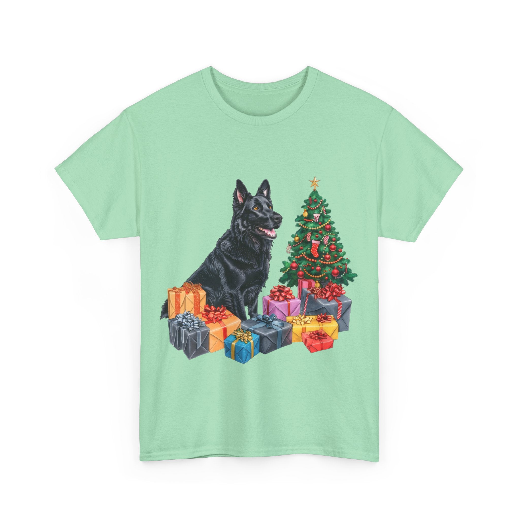 Printify T-Shirt Christmas Black Shepherd Dog with Gifts and Tree – A Festive and Loyal Companion