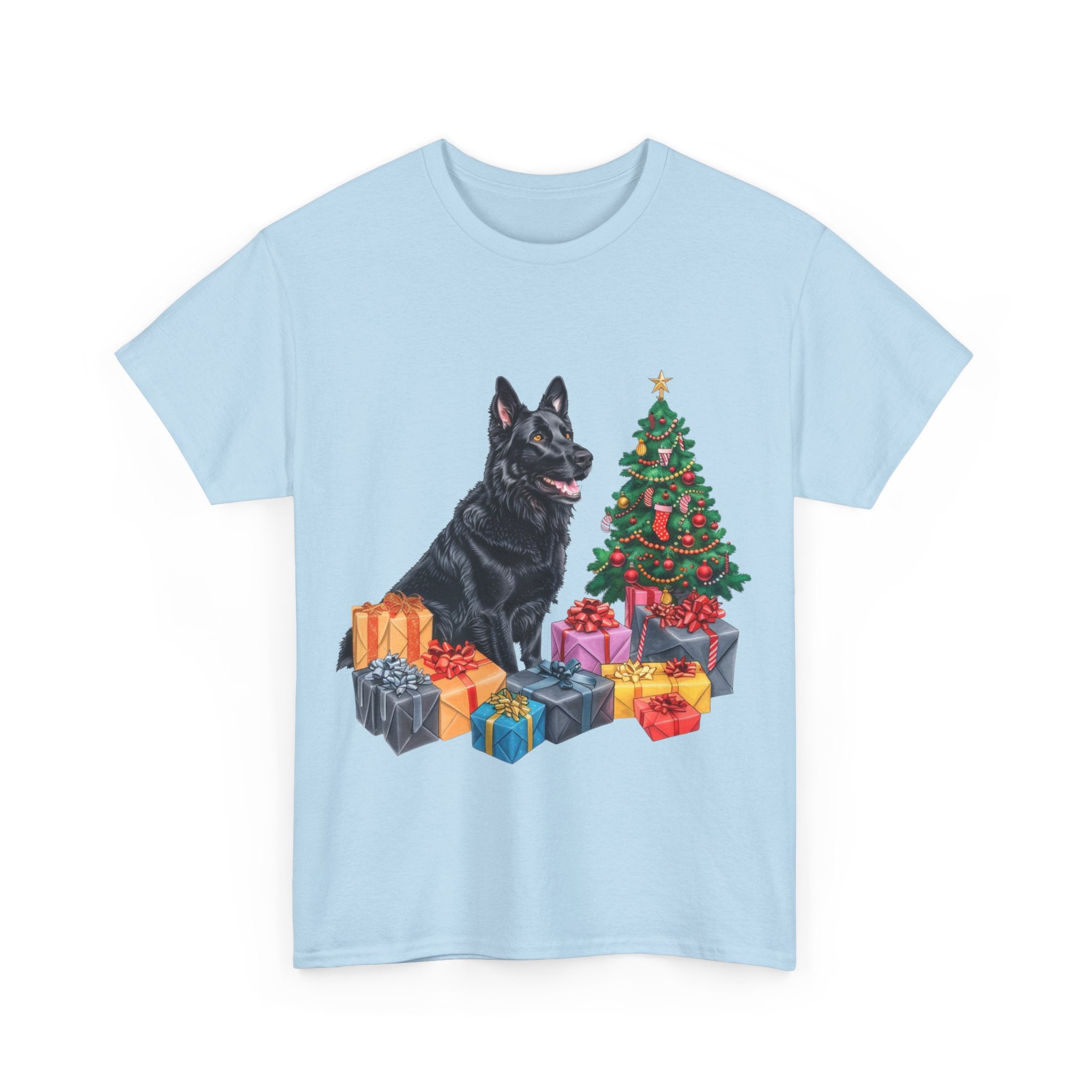 Printify T-Shirt Christmas Black Shepherd Dog with Gifts and Tree – A Festive and Loyal Companion