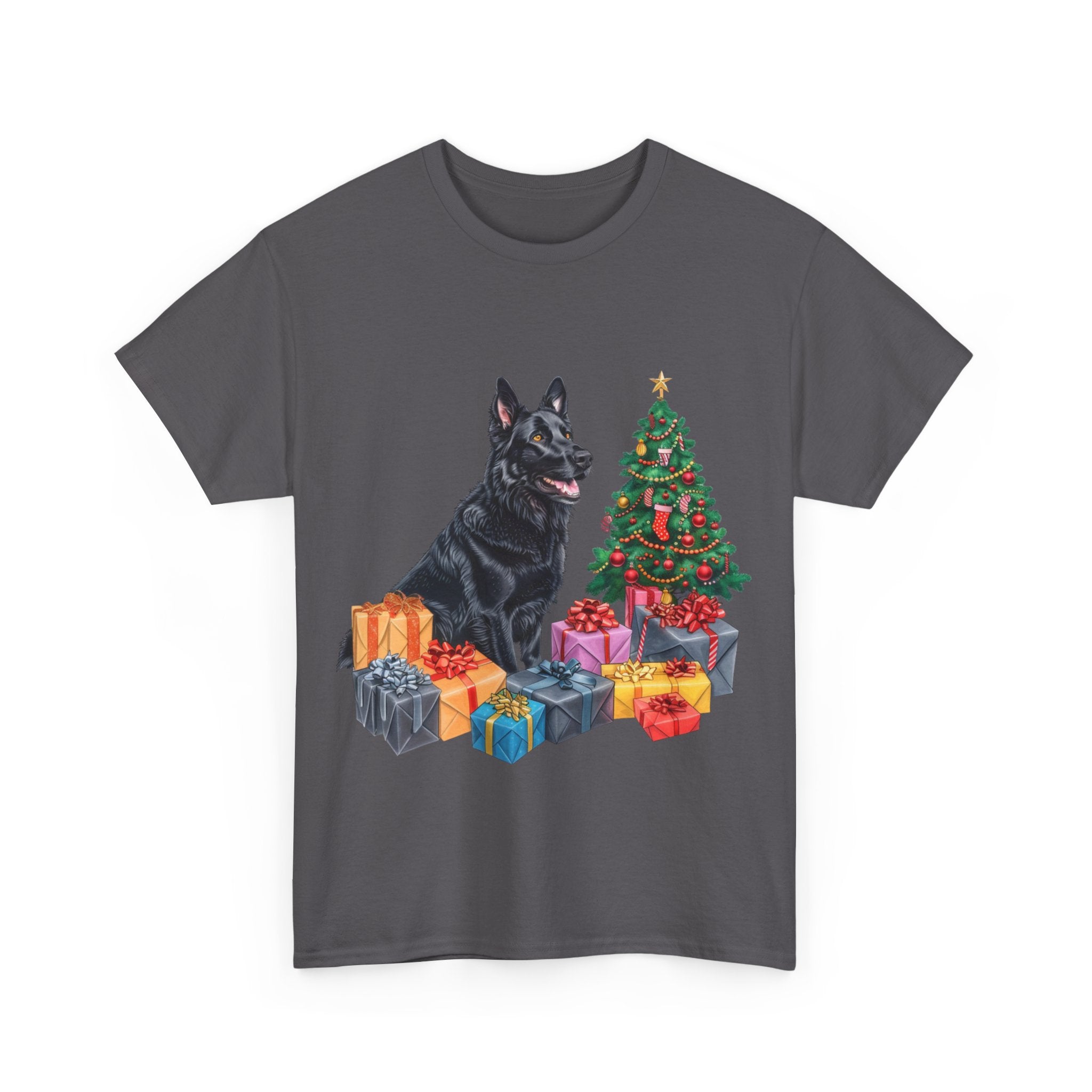 Printify T-Shirt Christmas Black Shepherd Dog with Gifts and Tree – A Festive and Loyal Companion