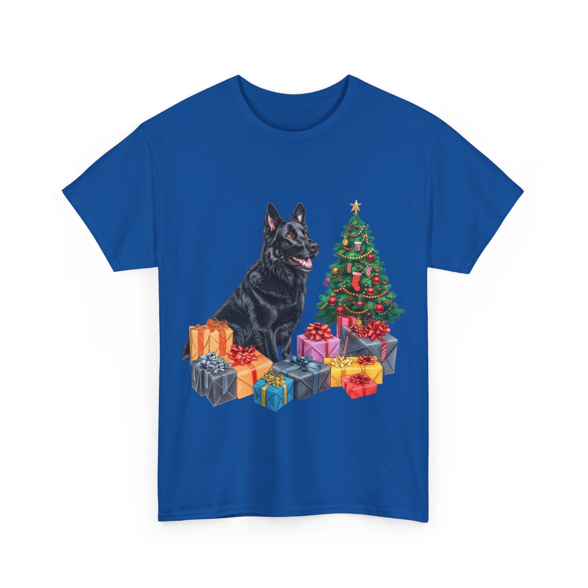 Printify T-Shirt Christmas Black Shepherd Dog with Gifts and Tree – A Festive and Loyal Companion