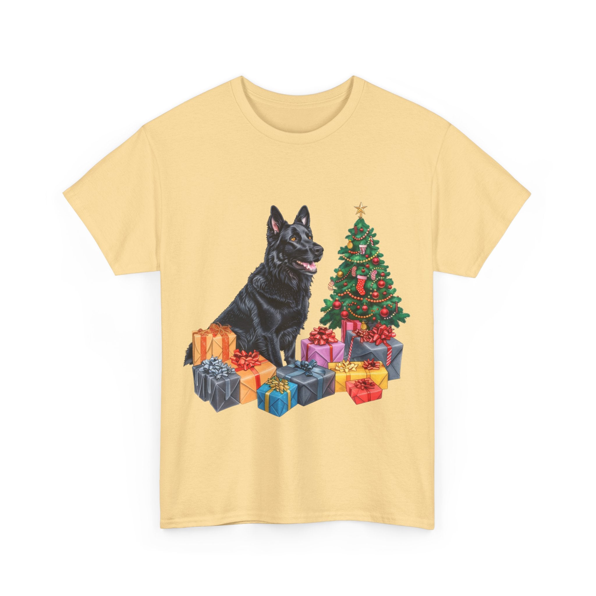 Printify T-Shirt Christmas Black Shepherd Dog with Gifts and Tree – A Festive and Loyal Companion