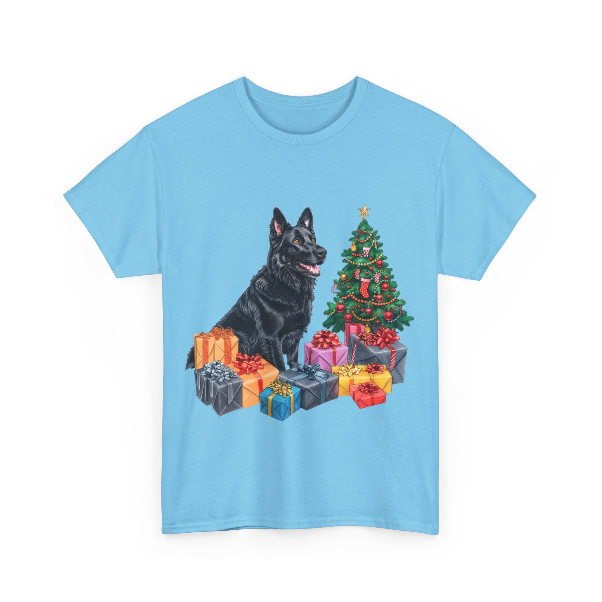 Printify T-Shirt Christmas Black Shepherd Dog with Gifts and Tree – A Festive and Loyal Companion