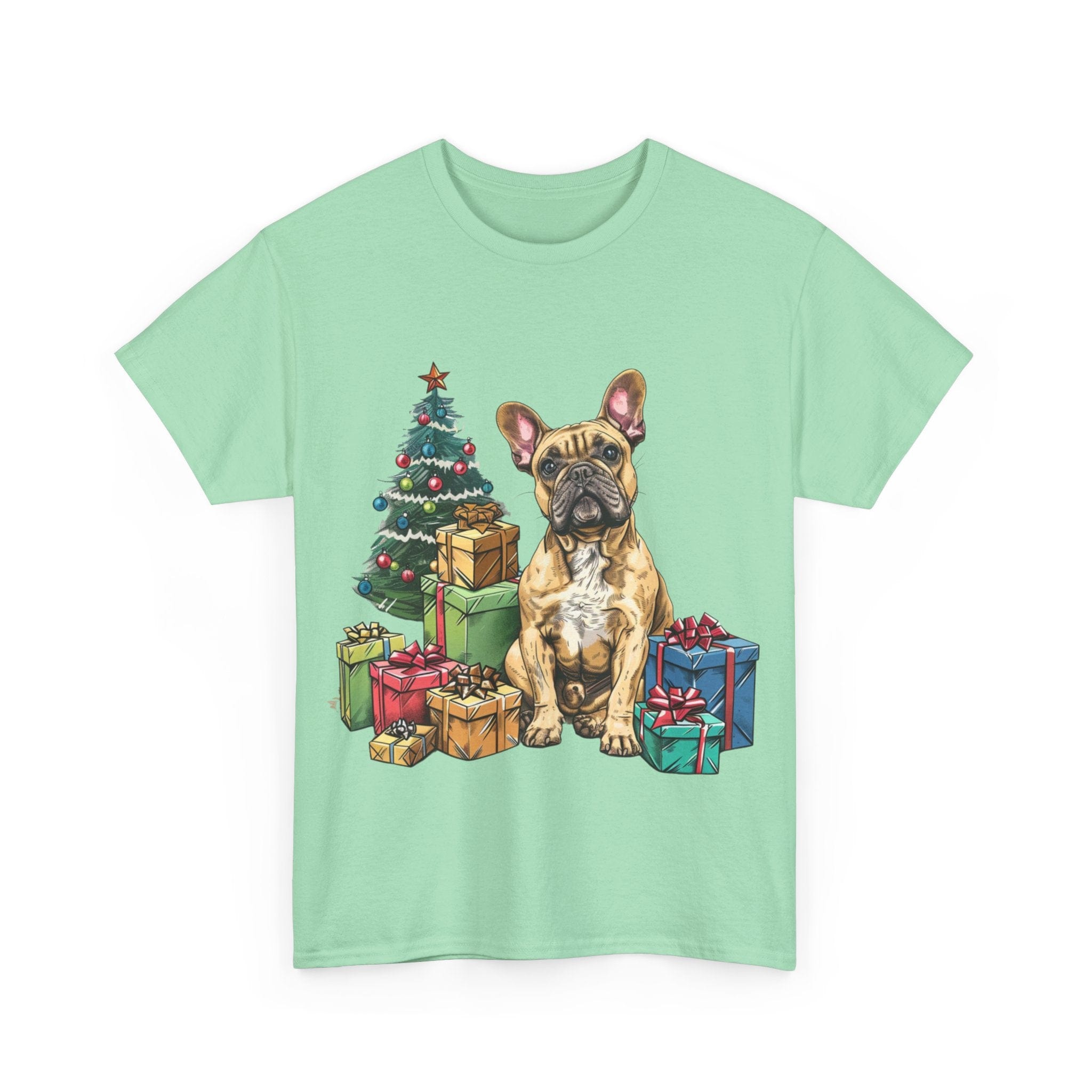 Printify T-Shirt Christmas French Bulldog with Presents – A Festive and Adorable Holiday Design for Dog Lovers