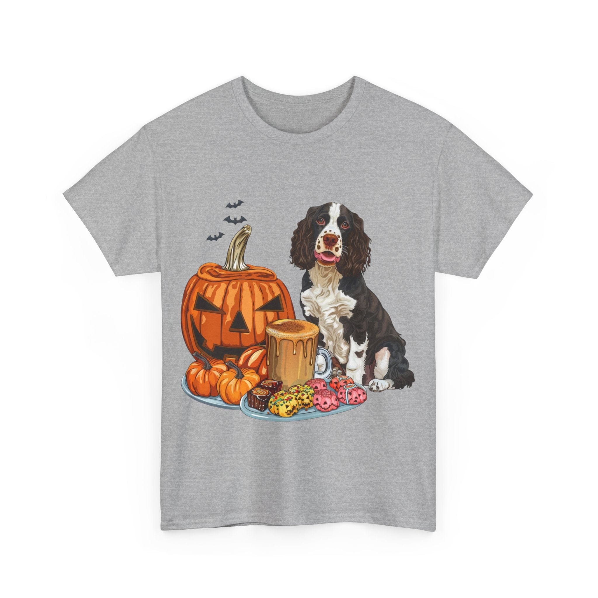 Printify T-Shirt Cocker Spaniel Halloween Design with Jack-o'-Lantern and Treats – Perfect for Dog Lovers