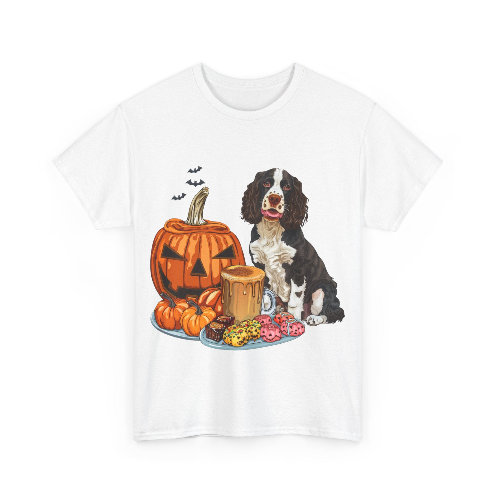 Printify T-Shirt Cocker Spaniel Halloween Design with Jack-o'-Lantern and Treats – Perfect for Dog Lovers