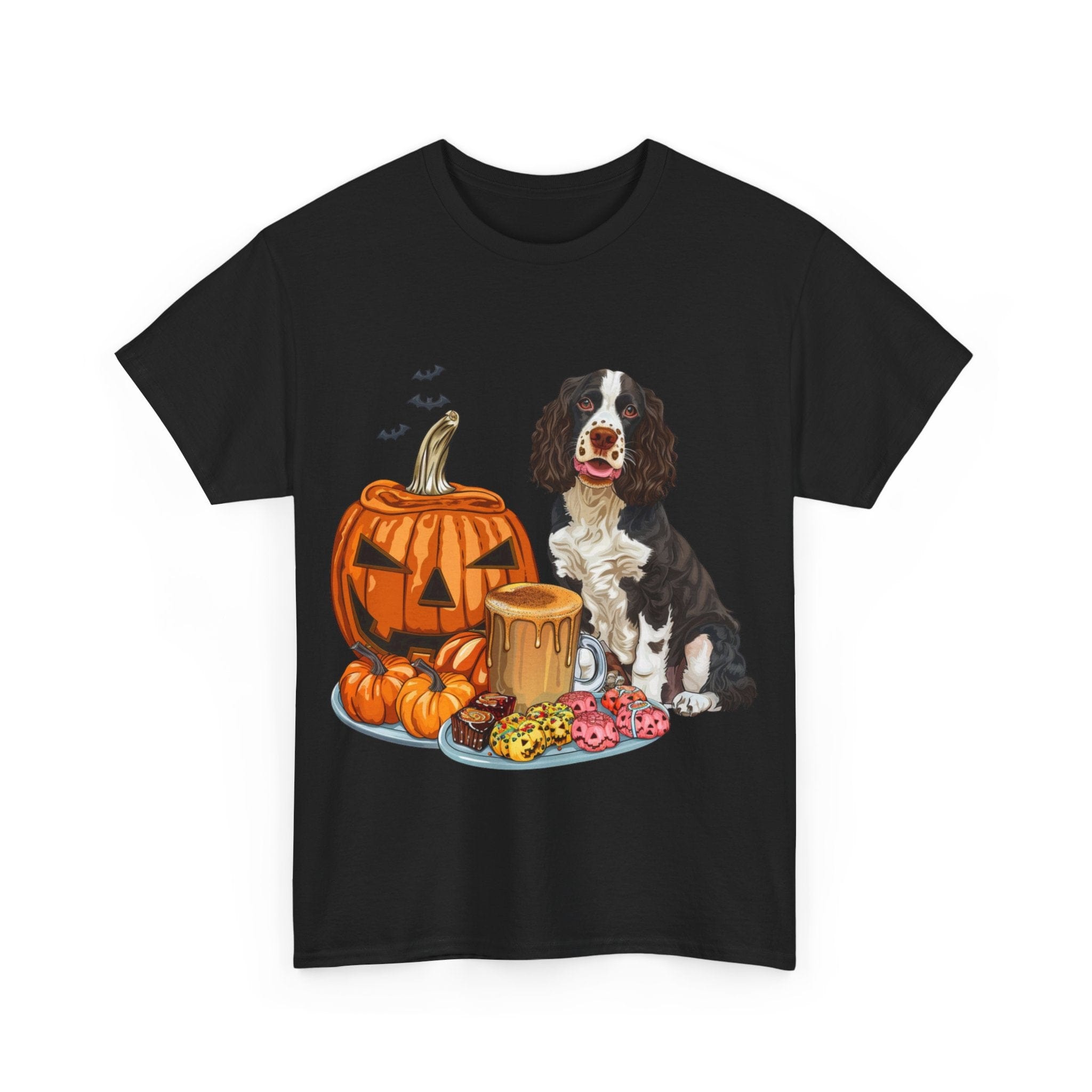 Printify T-Shirt Cocker Spaniel Halloween Design with Jack-o'-Lantern and Treats – Perfect for Dog Lovers