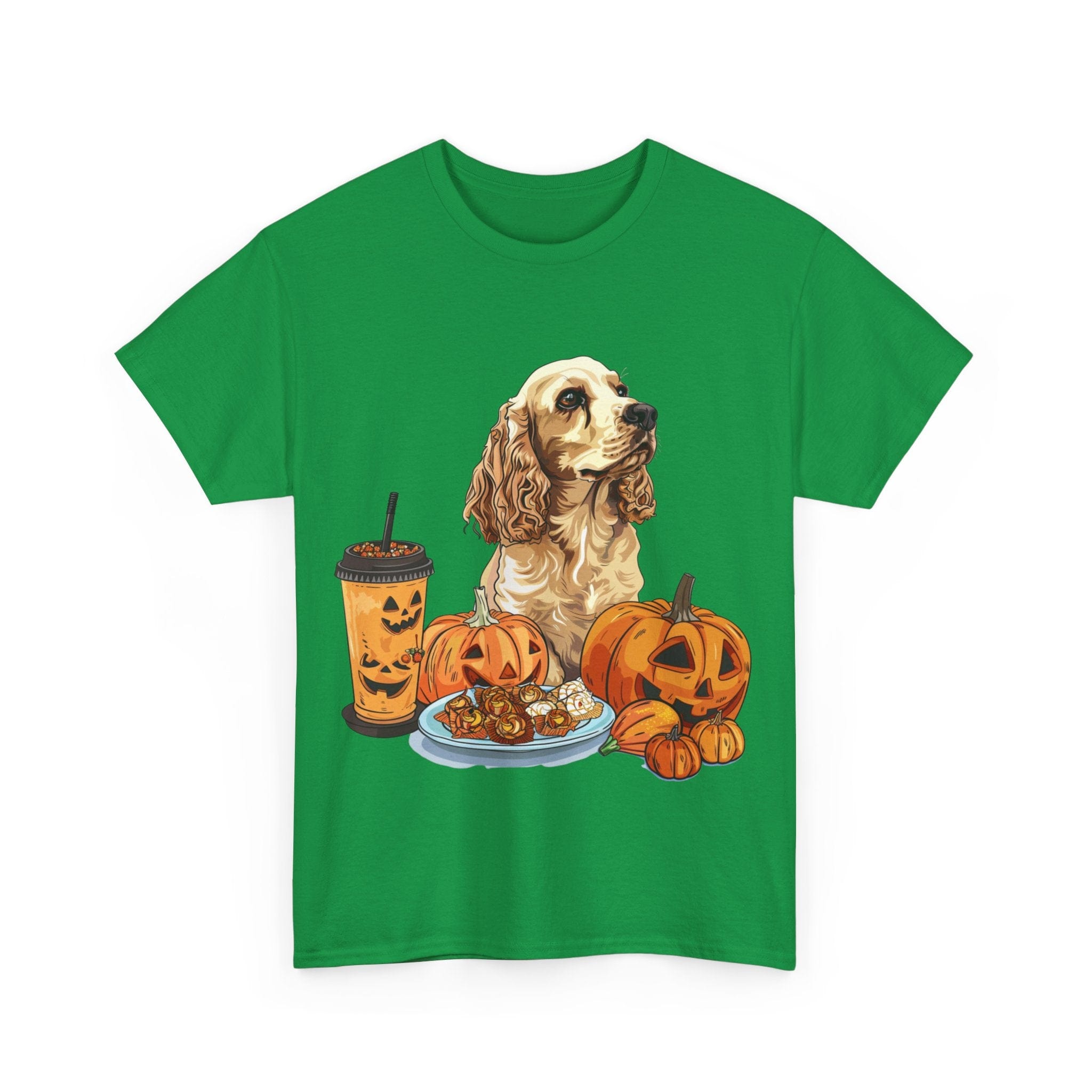 Printify T-Shirt Cocker Spaniel Halloween Design with Pumpkins and Sweet Treats – Ideal for Dog Lovers