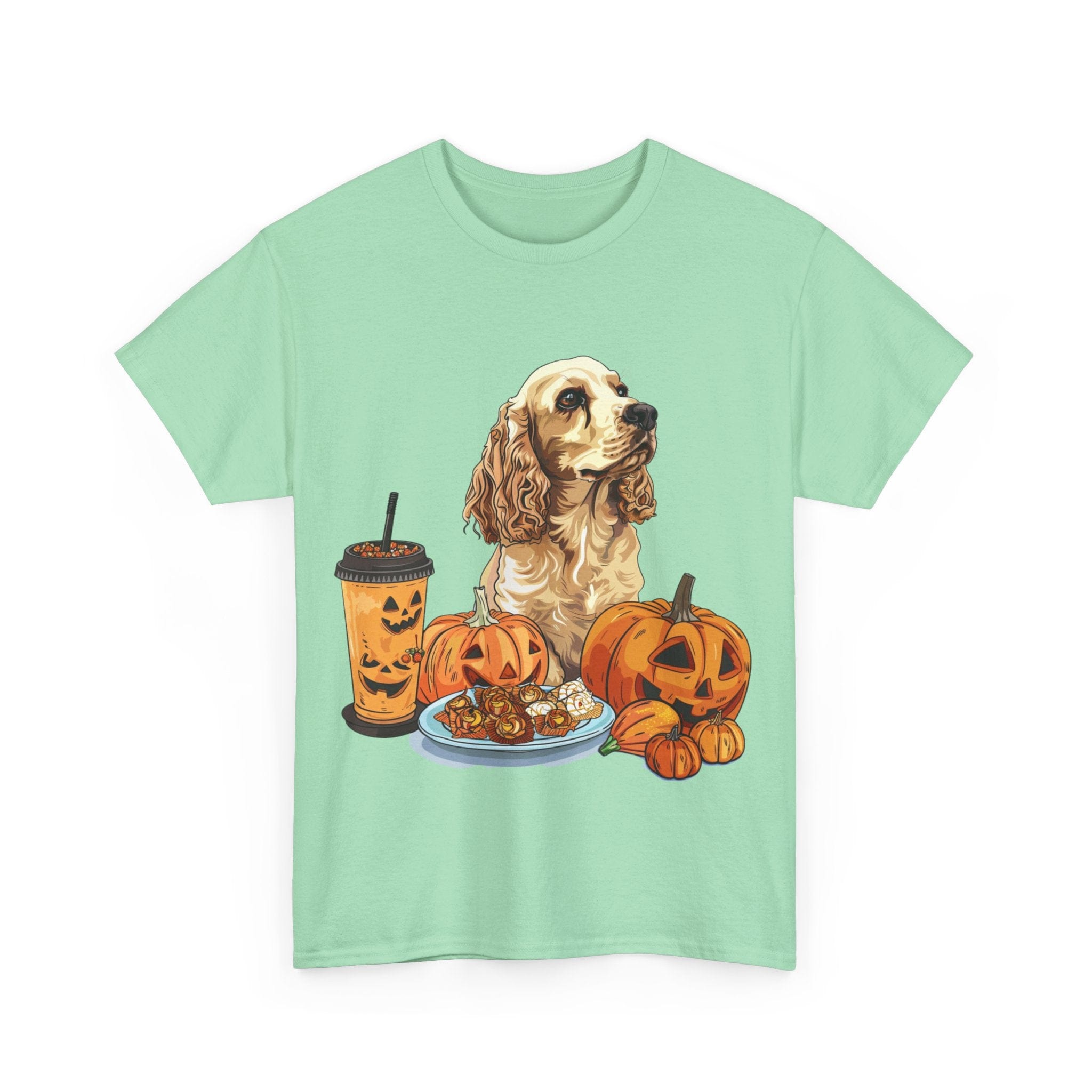 Printify T-Shirt Cocker Spaniel Halloween Design with Pumpkins and Sweet Treats – Ideal for Dog Lovers