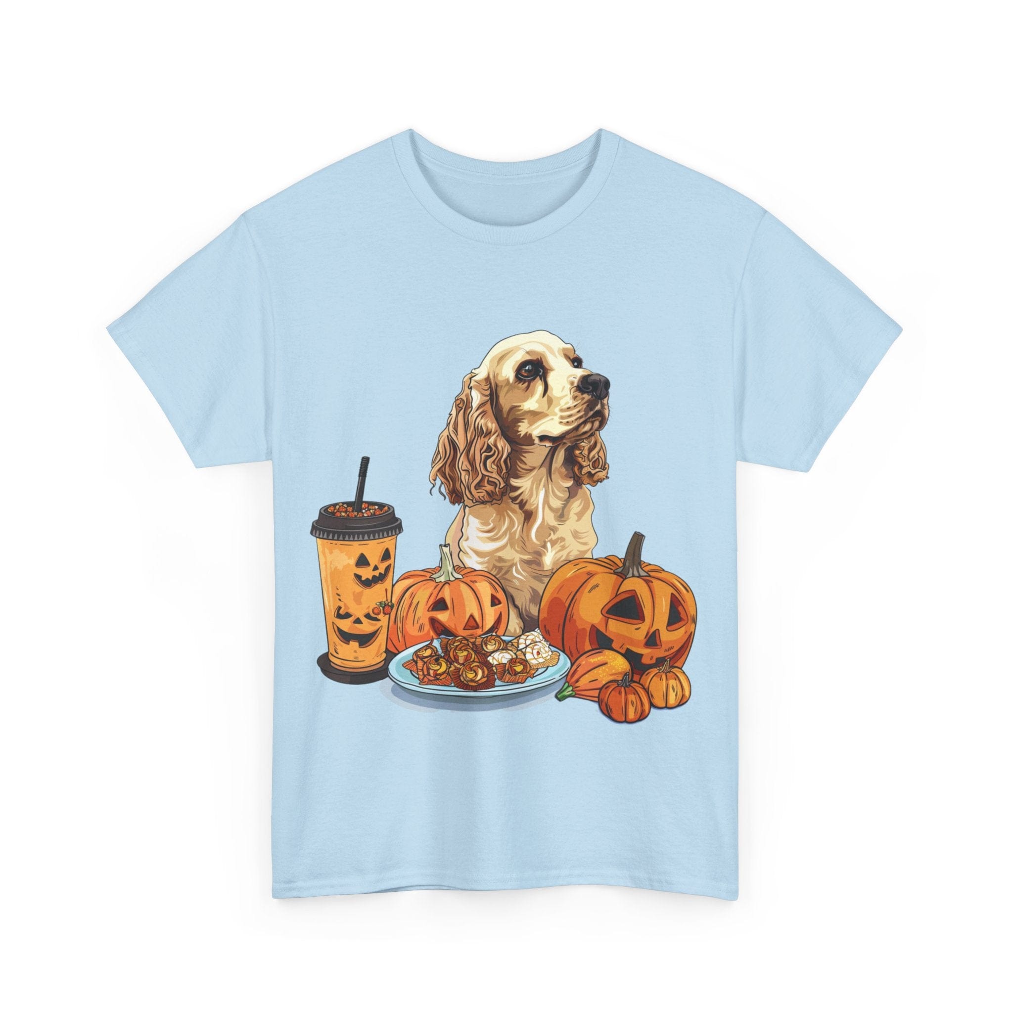 Printify T-Shirt Cocker Spaniel Halloween Design with Pumpkins and Sweet Treats – Ideal for Dog Lovers