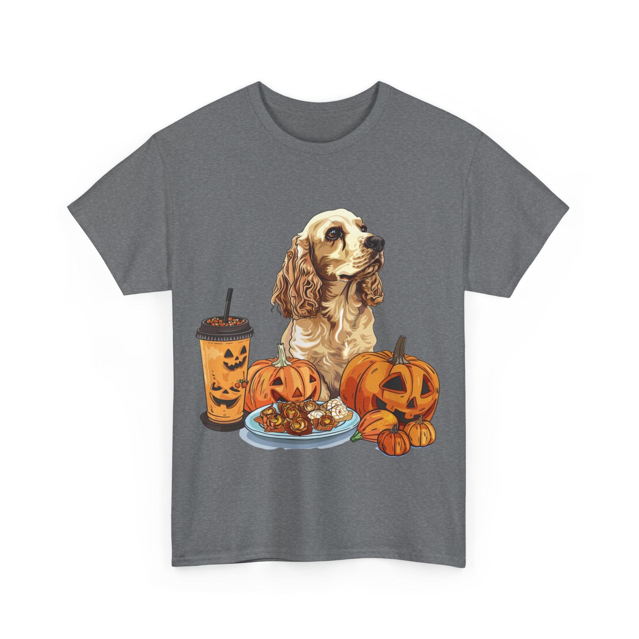 Printify T-Shirt Cocker Spaniel Halloween Design with Pumpkins and Sweet Treats – Ideal for Dog Lovers