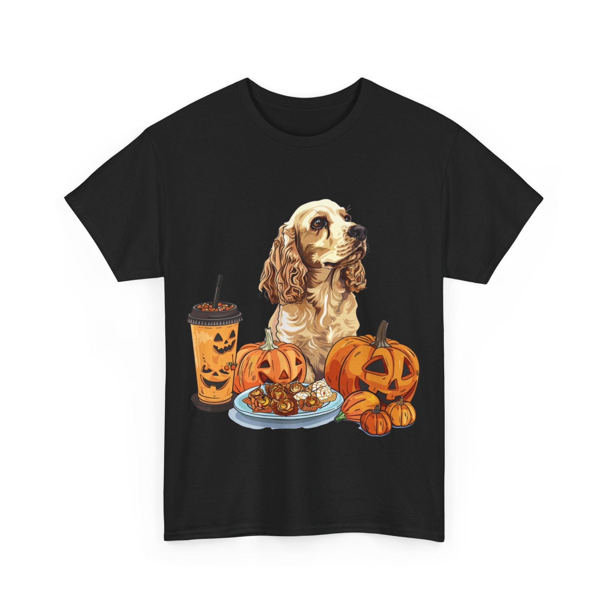 Printify T-Shirt Cocker Spaniel Halloween Design with Pumpkins and Sweet Treats – Ideal for Dog Lovers