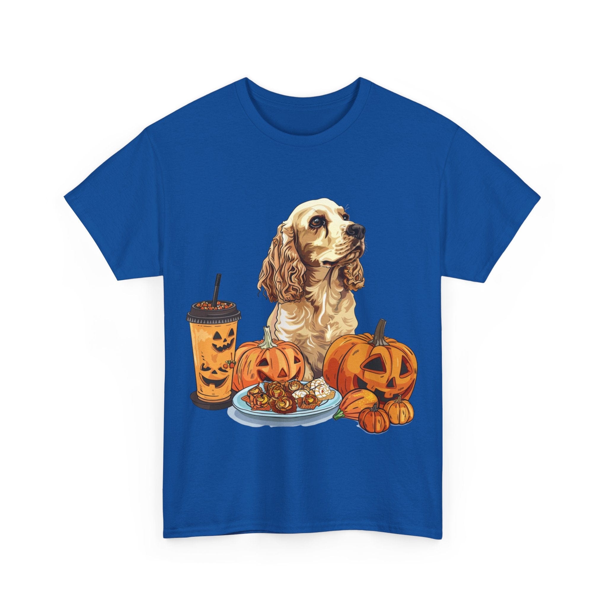 Printify T-Shirt Cocker Spaniel Halloween Design with Pumpkins and Sweet Treats – Ideal for Dog Lovers