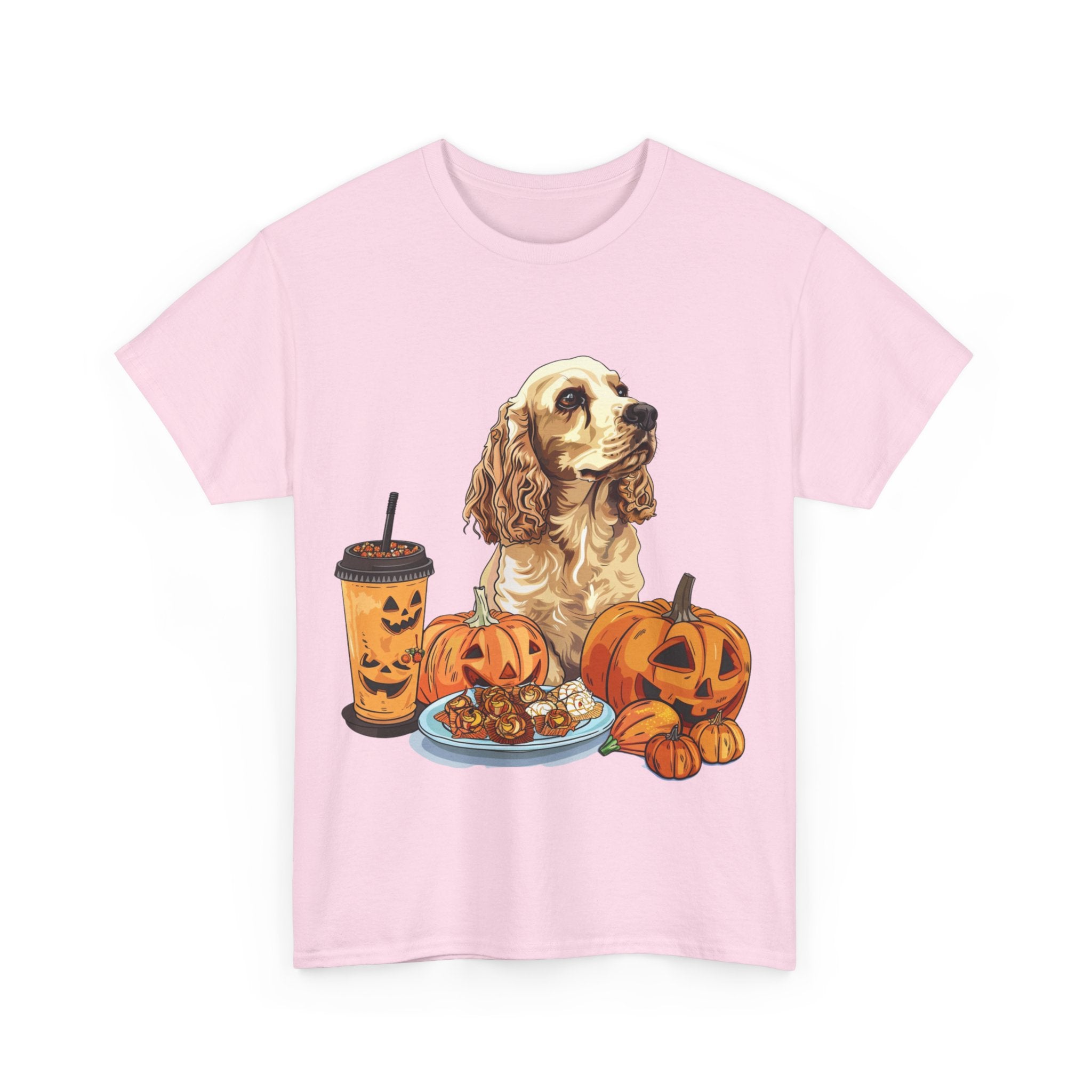 Printify T-Shirt Cocker Spaniel Halloween Design with Pumpkins and Sweet Treats – Ideal for Dog Lovers