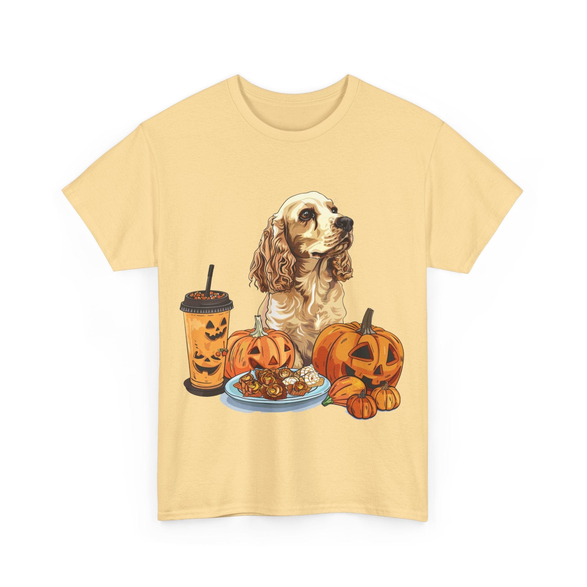 Printify T-Shirt Cocker Spaniel Halloween Design with Pumpkins and Sweet Treats – Ideal for Dog Lovers