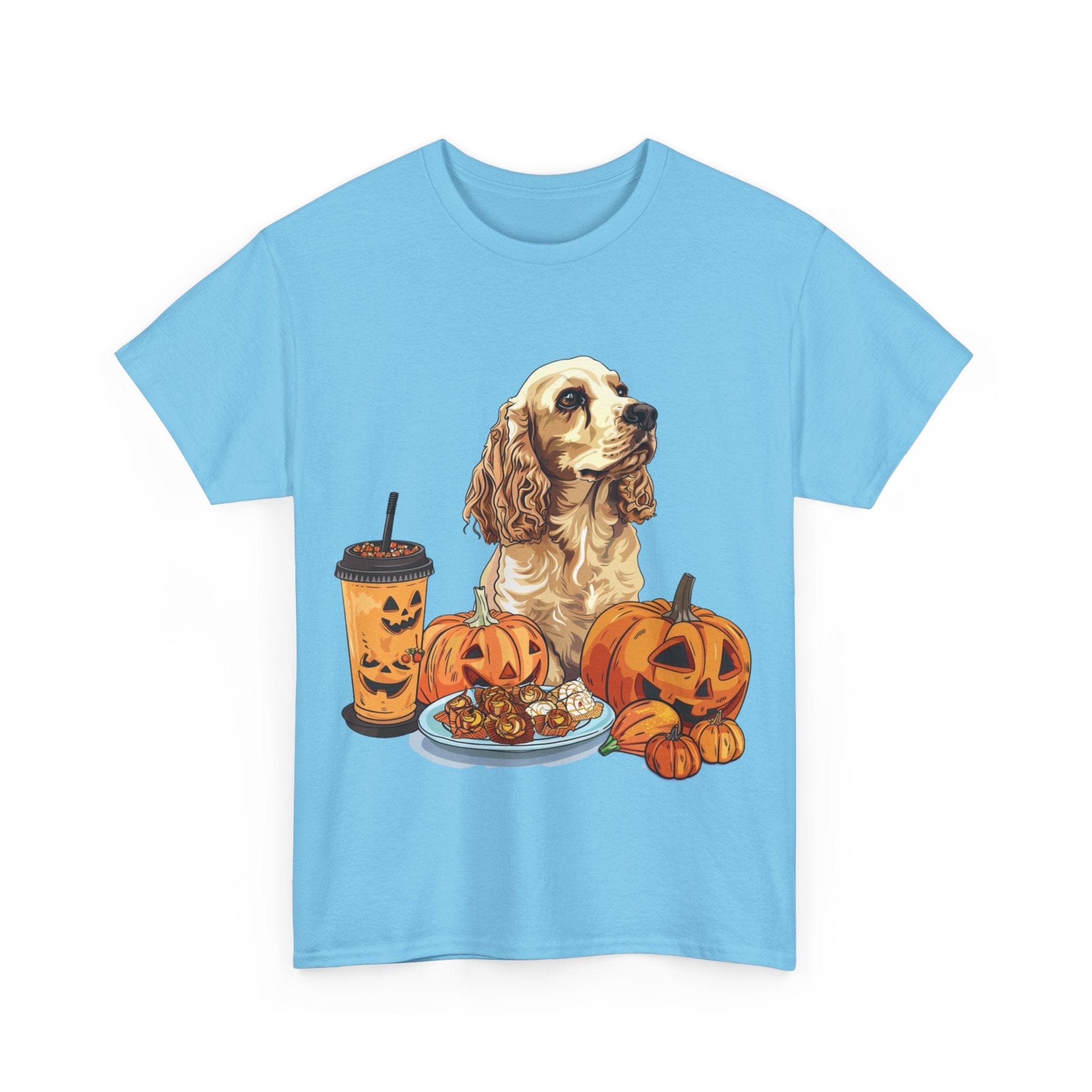 Printify T-Shirt Cocker Spaniel Halloween Design with Pumpkins and Sweet Treats – Ideal for Dog Lovers