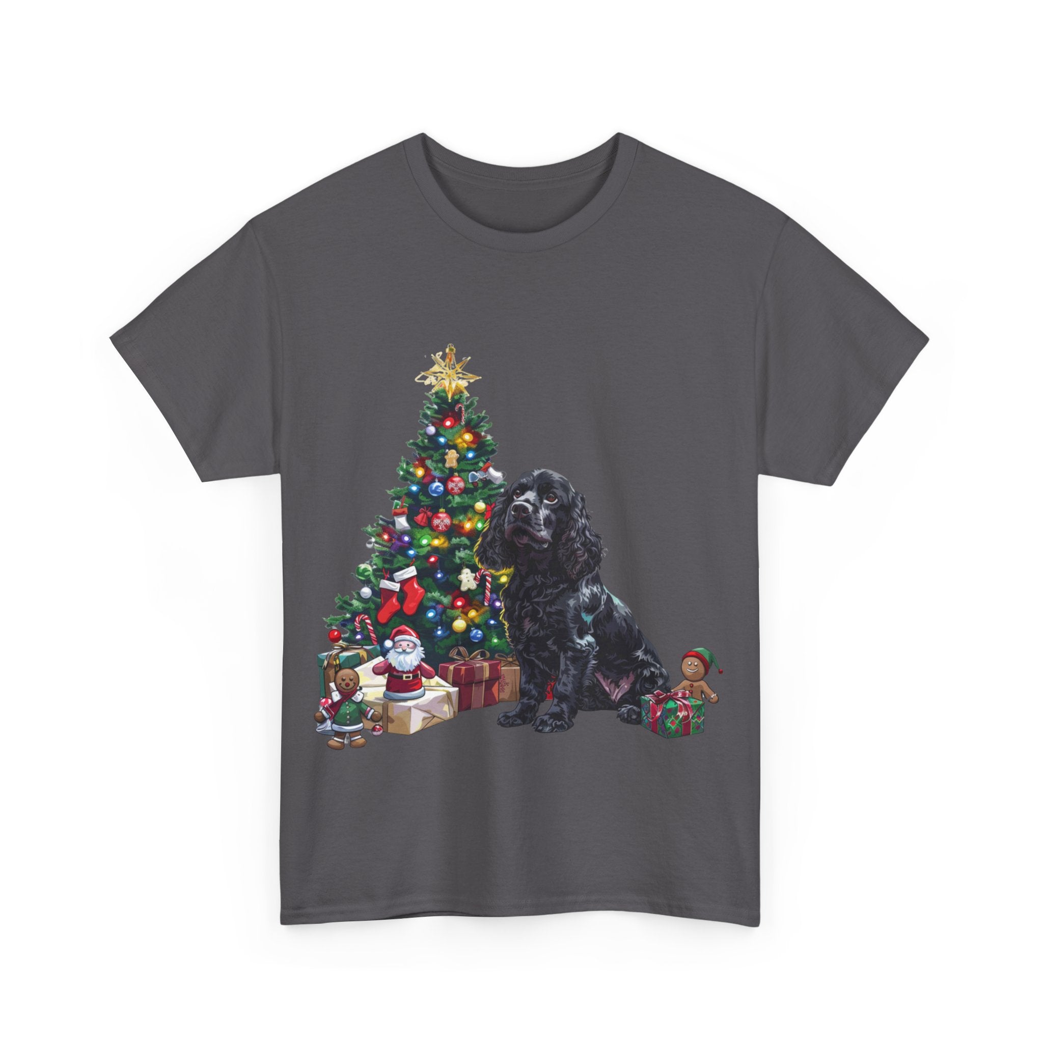 Printify T-Shirt Cocker Spaniel with Christmas Tree and Gifts – Festive Holiday Dog Art