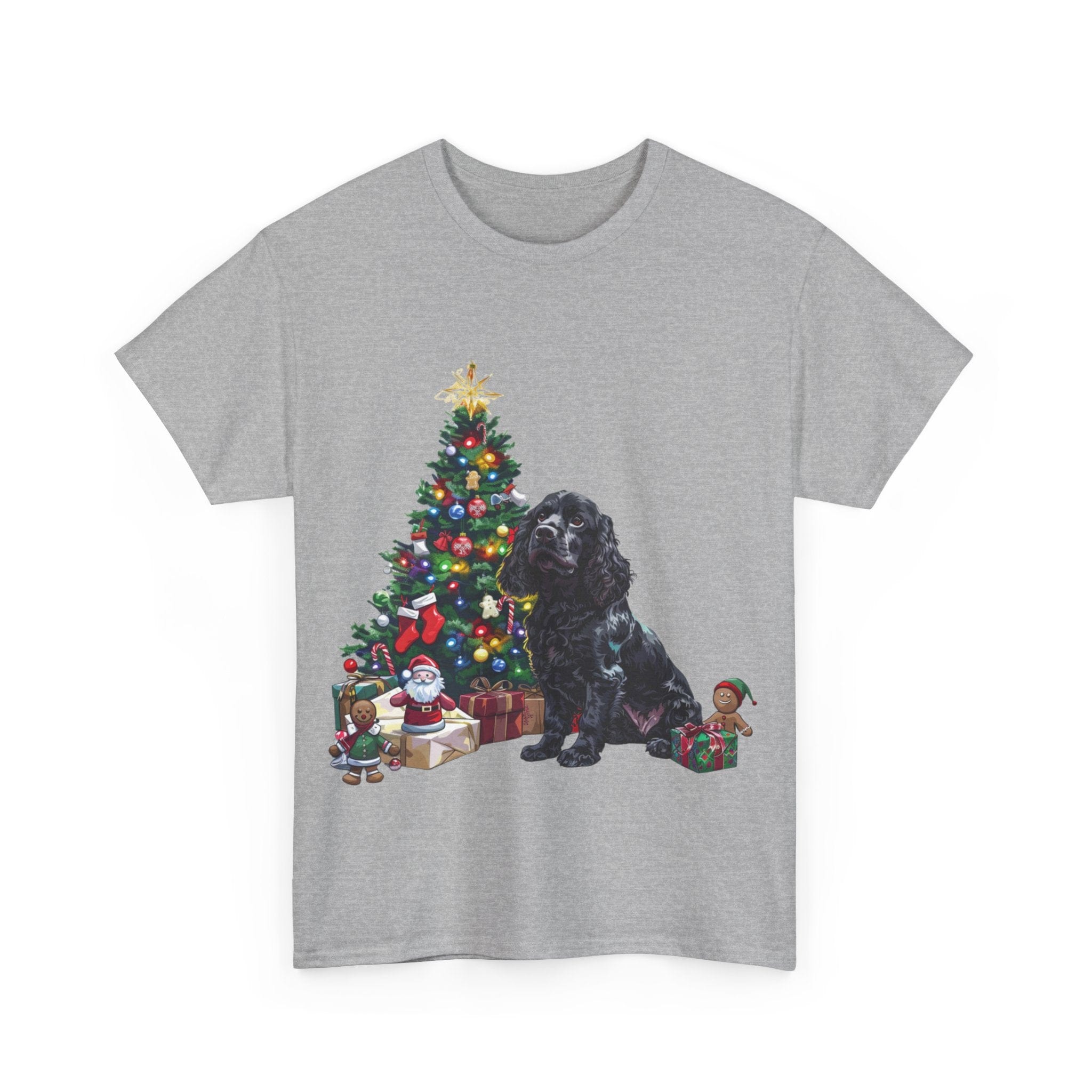 Printify T-Shirt Cocker Spaniel with Christmas Tree and Gifts – Festive Holiday Dog Art