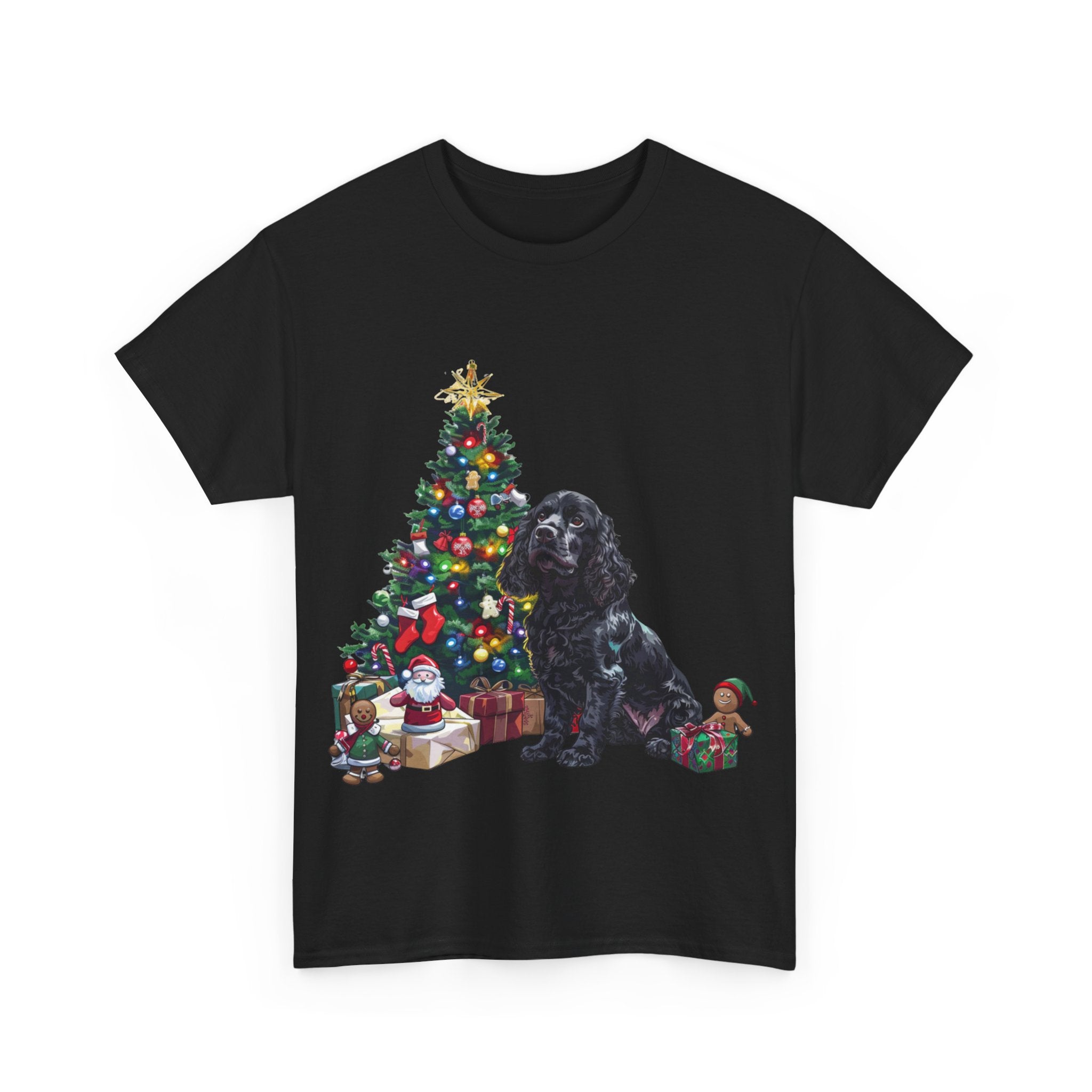 Printify T-Shirt Cocker Spaniel with Christmas Tree and Gifts – Festive Holiday Dog Art