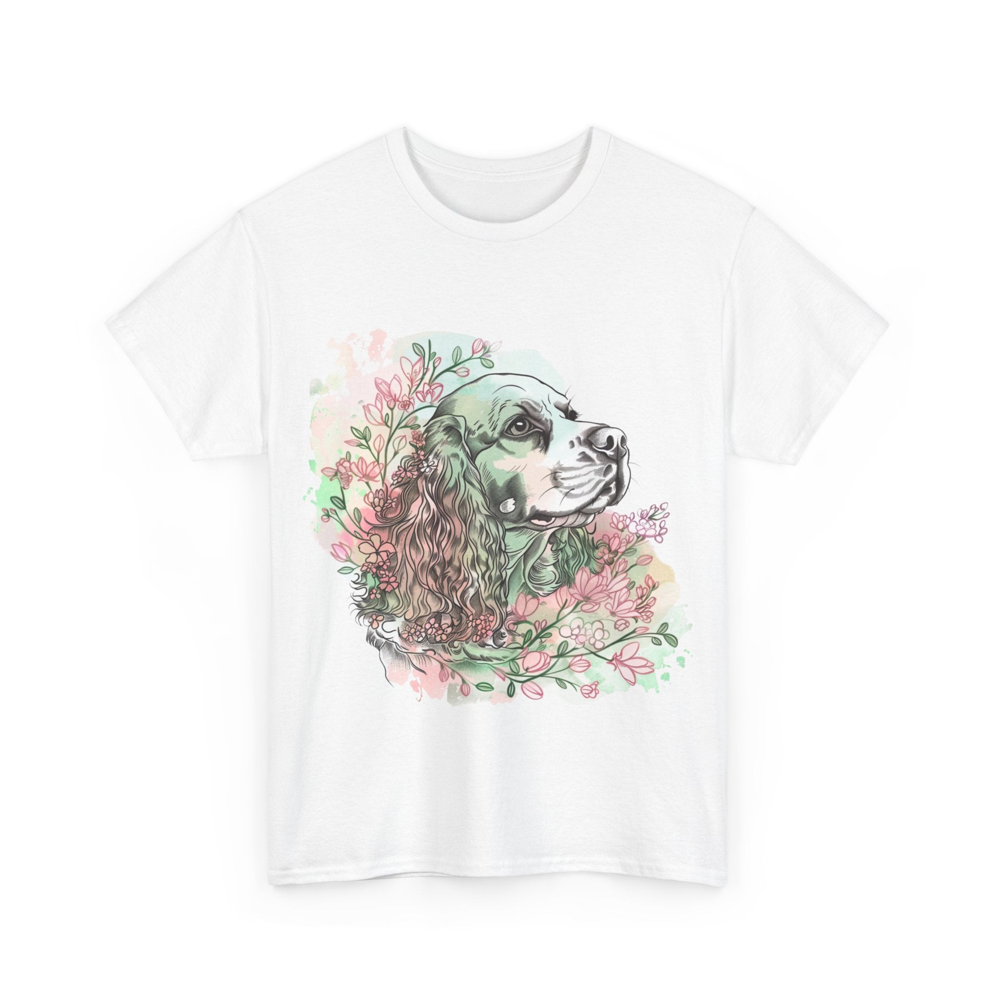 Printify T-Shirt Cocker Spaniel with Floral Accents – Artistic Dog Illustration