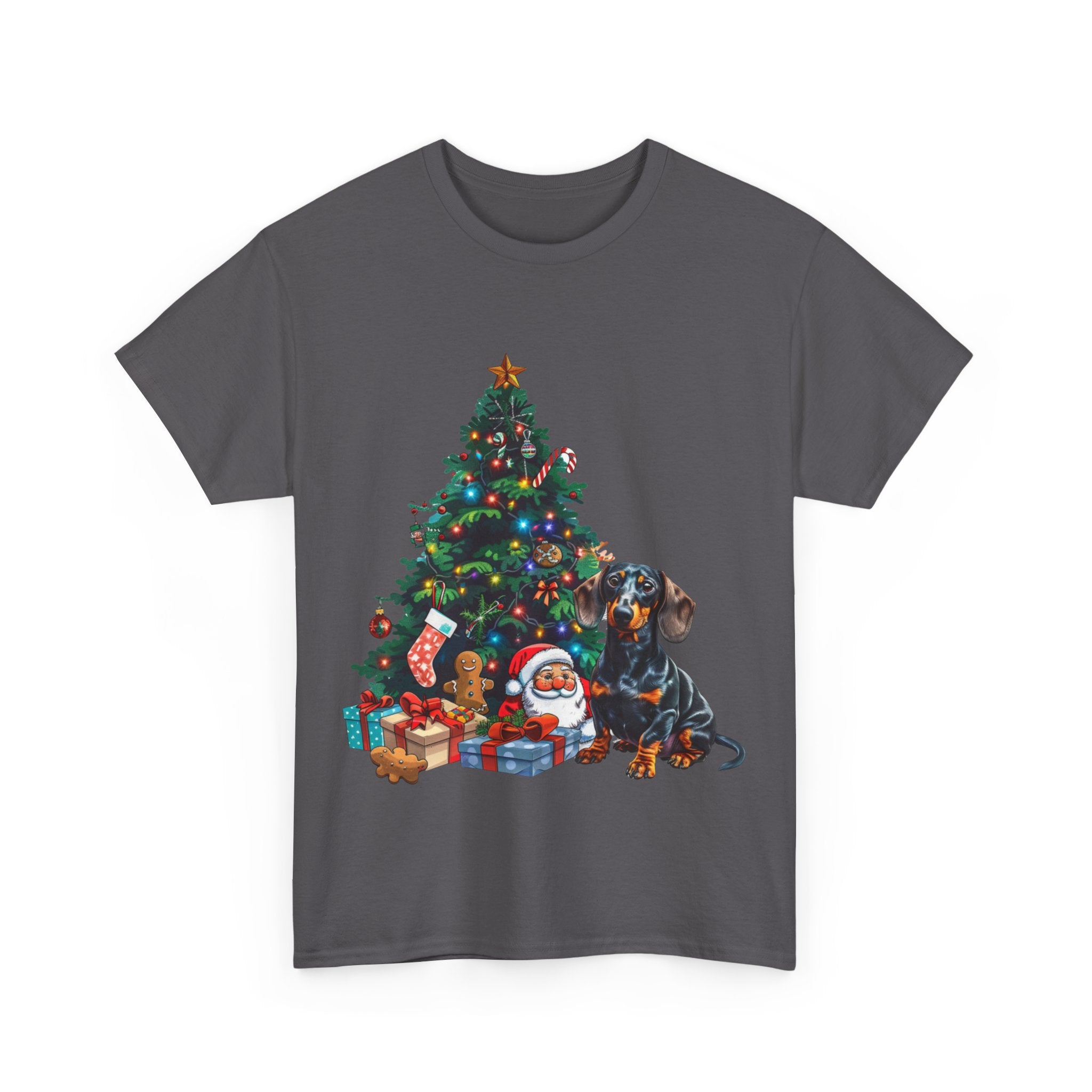 Printify T-Shirt Dachshund with Christmas Tree and Santa – Festive Holiday Dog Art