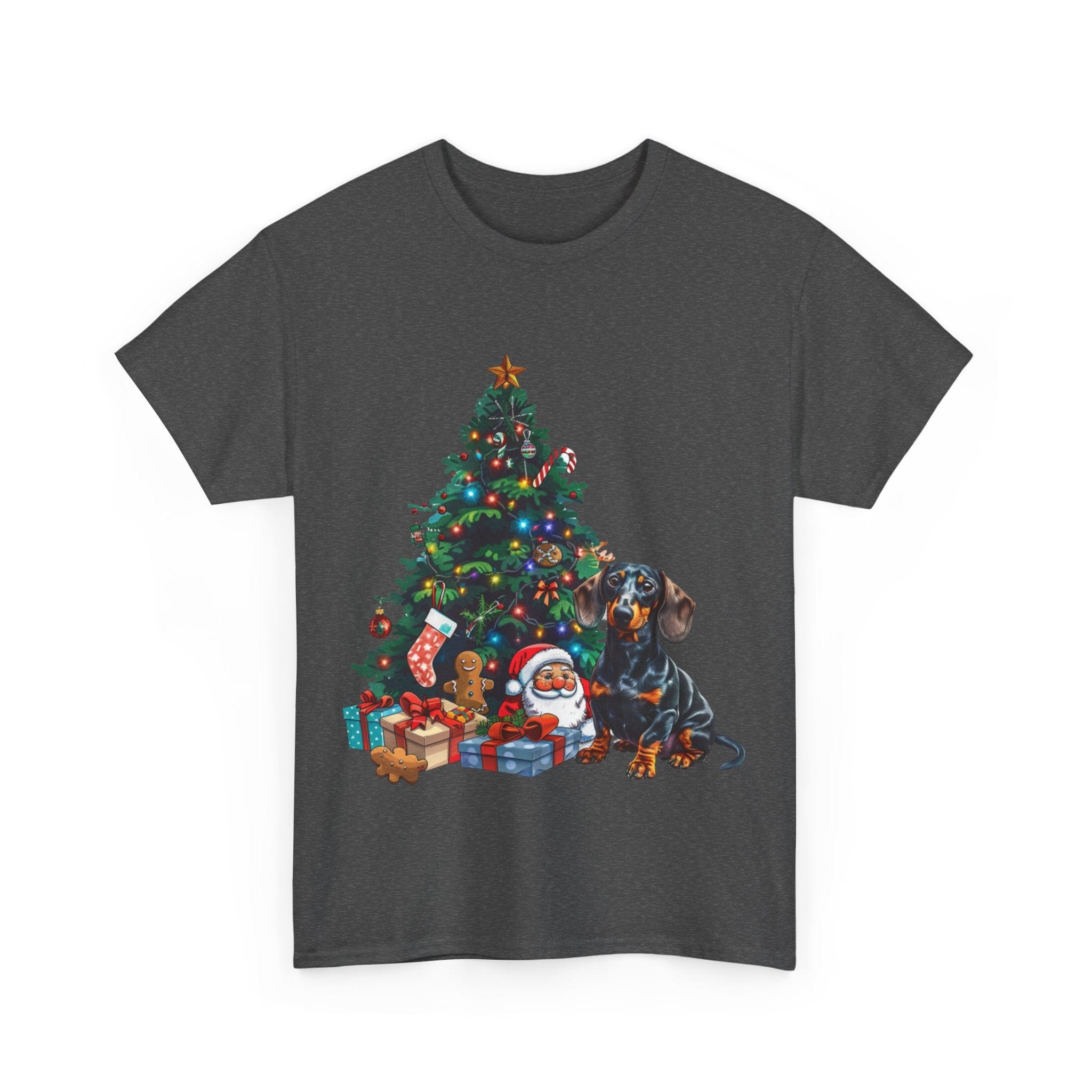 Printify T-Shirt Dachshund with Christmas Tree and Santa – Festive Holiday Dog Art