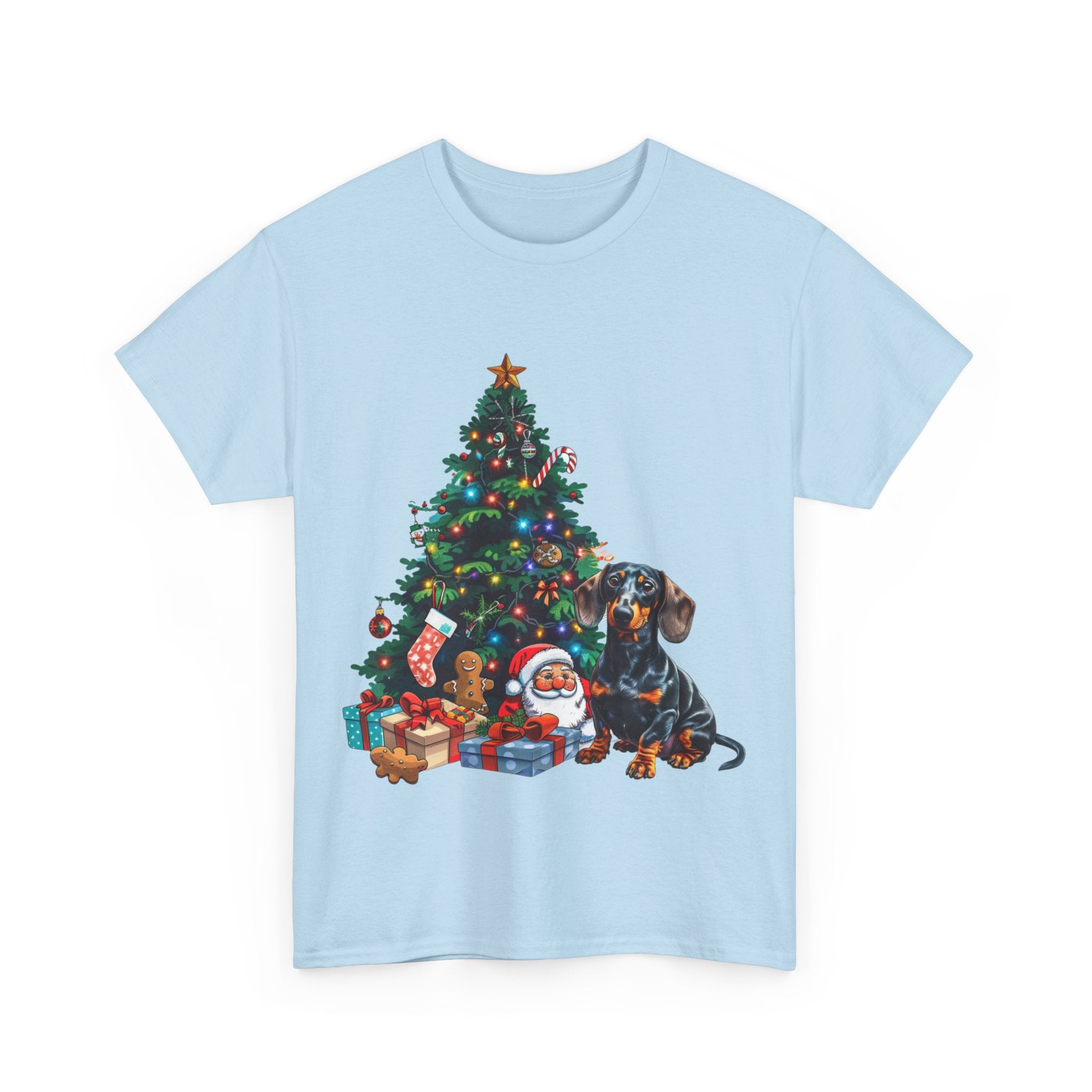 Printify T-Shirt Dachshund with Christmas Tree and Santa – Festive Holiday Dog Art