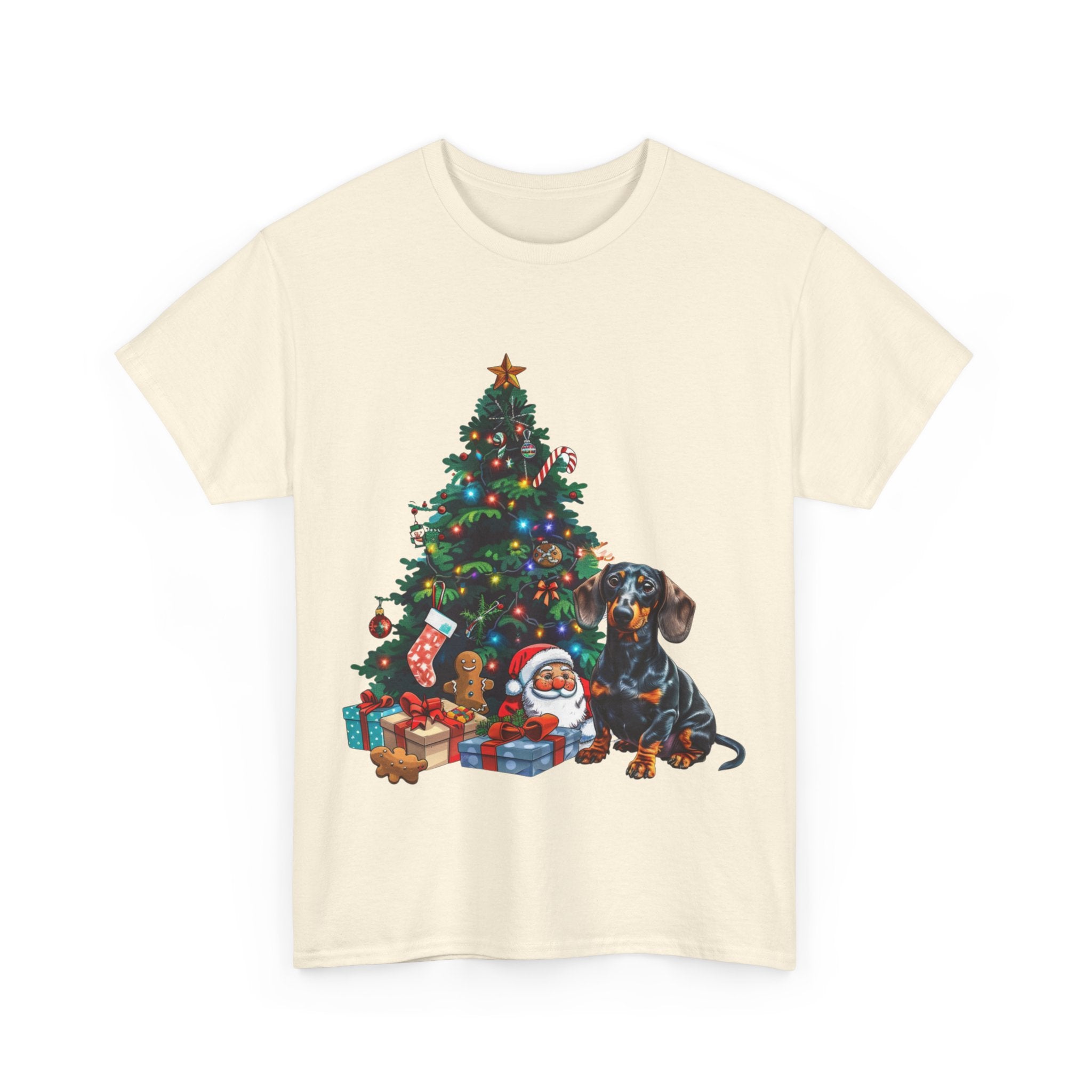 Printify T-Shirt Dachshund with Christmas Tree and Santa – Festive Holiday Dog Art