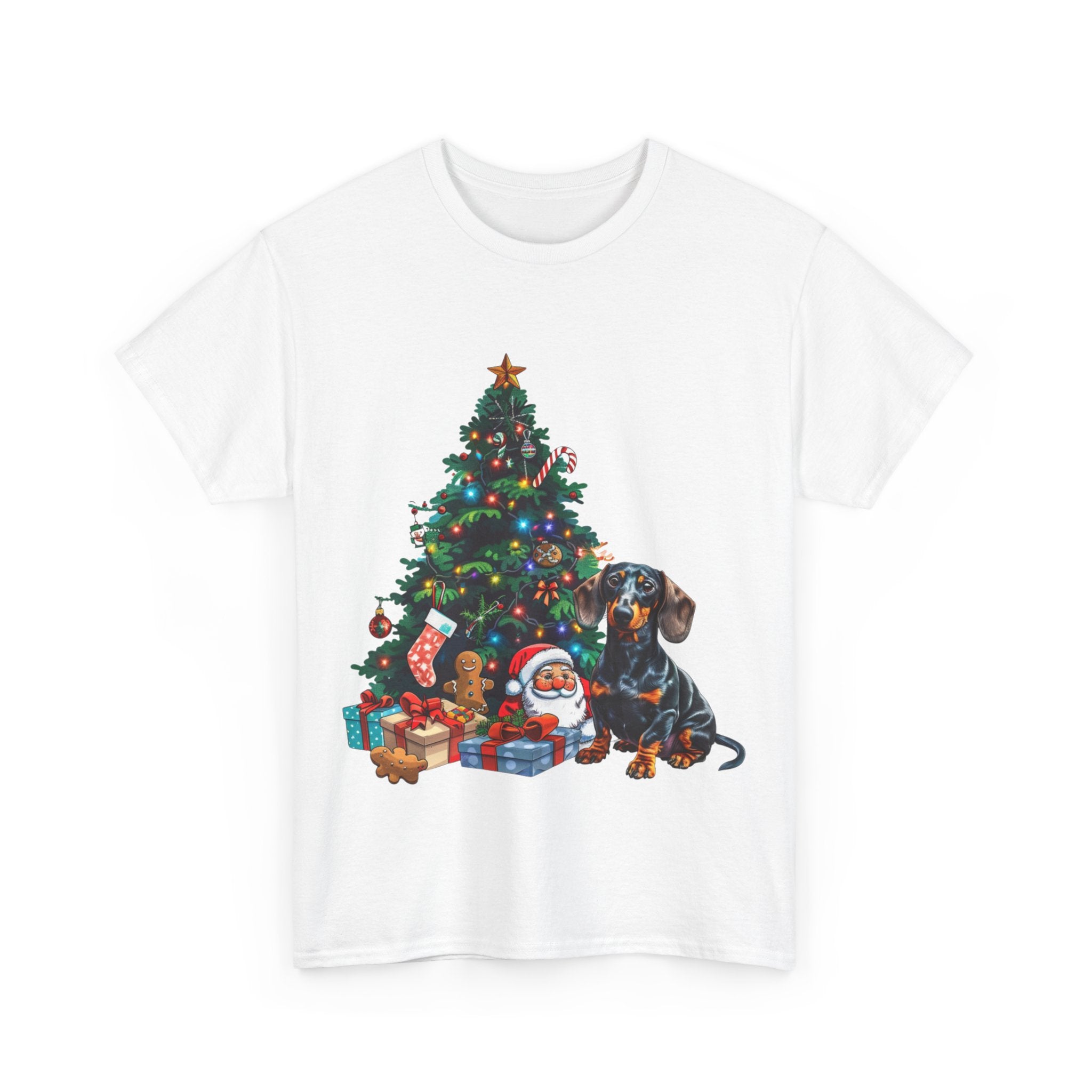 Printify T-Shirt Dachshund with Christmas Tree and Santa – Festive Holiday Dog Art