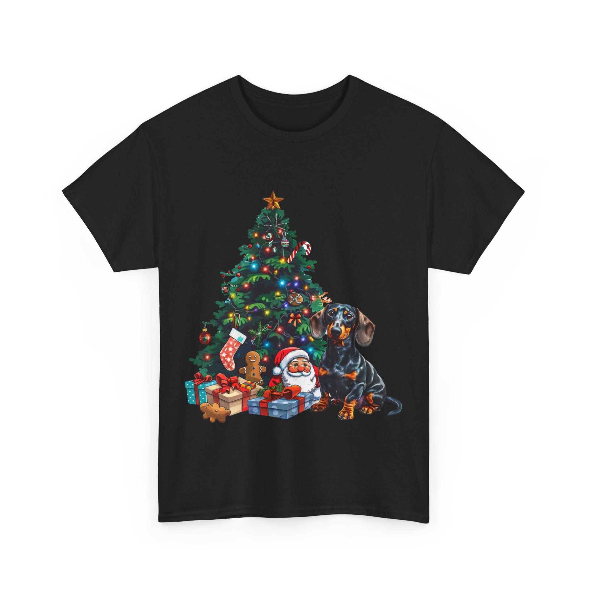 Printify T-Shirt Dachshund with Christmas Tree and Santa – Festive Holiday Dog Art