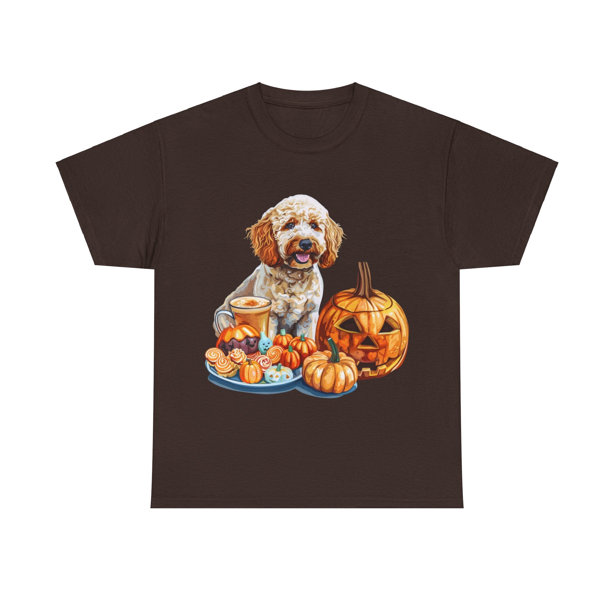 Printify T-Shirt Dark Chocolate / S Adorable Cockapoo Halloween Design with Pumpkins and Festive Treats - Perfect for Dog Lovers