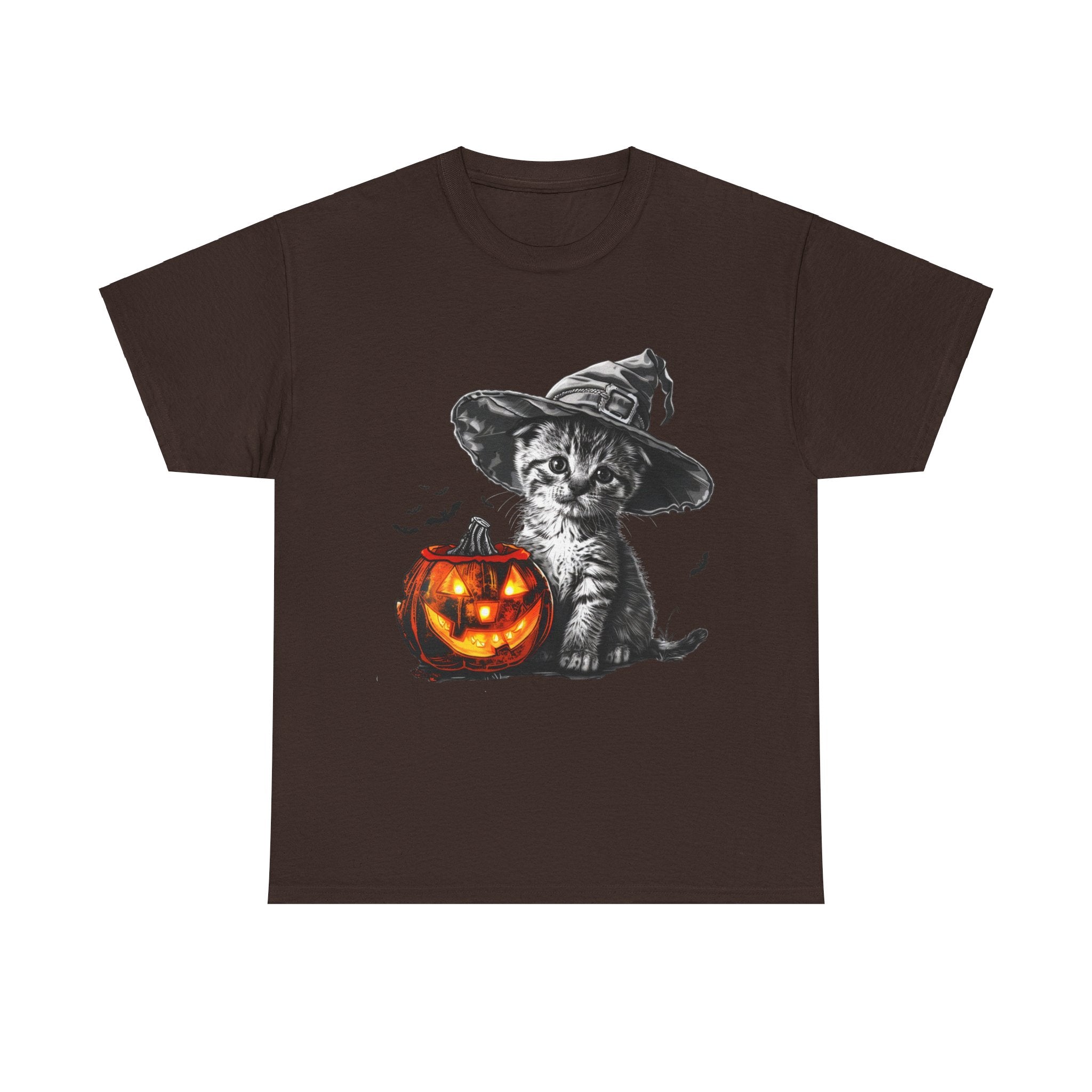 Printify T-Shirt Dark Chocolate / S Adorable Kitten Witch Halloween Shirt – Spooky Pumpkin Design