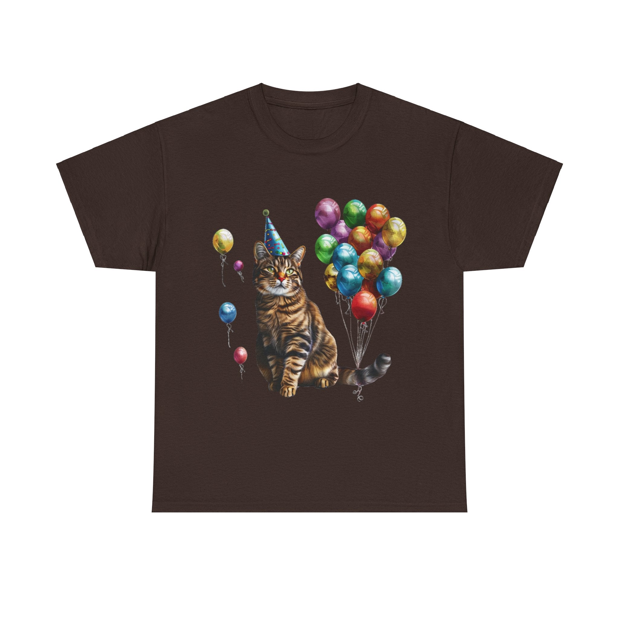 Printify T-Shirt Dark Chocolate / S Birthday Cat with Balloons – Celebrate in Feline Style!