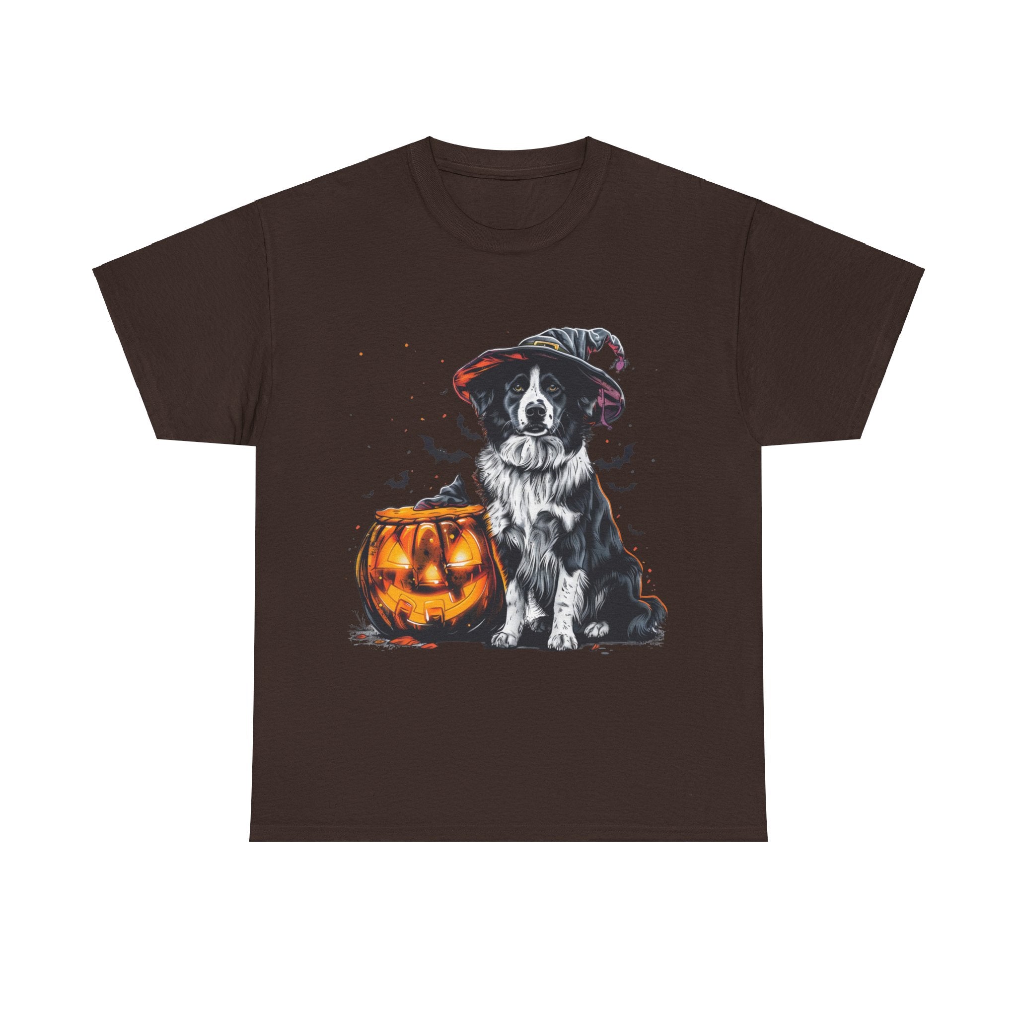 Printify T-Shirt Dark Chocolate / S Border Collie Halloween Witch Hat Tee – Unisex Cotton Shirt