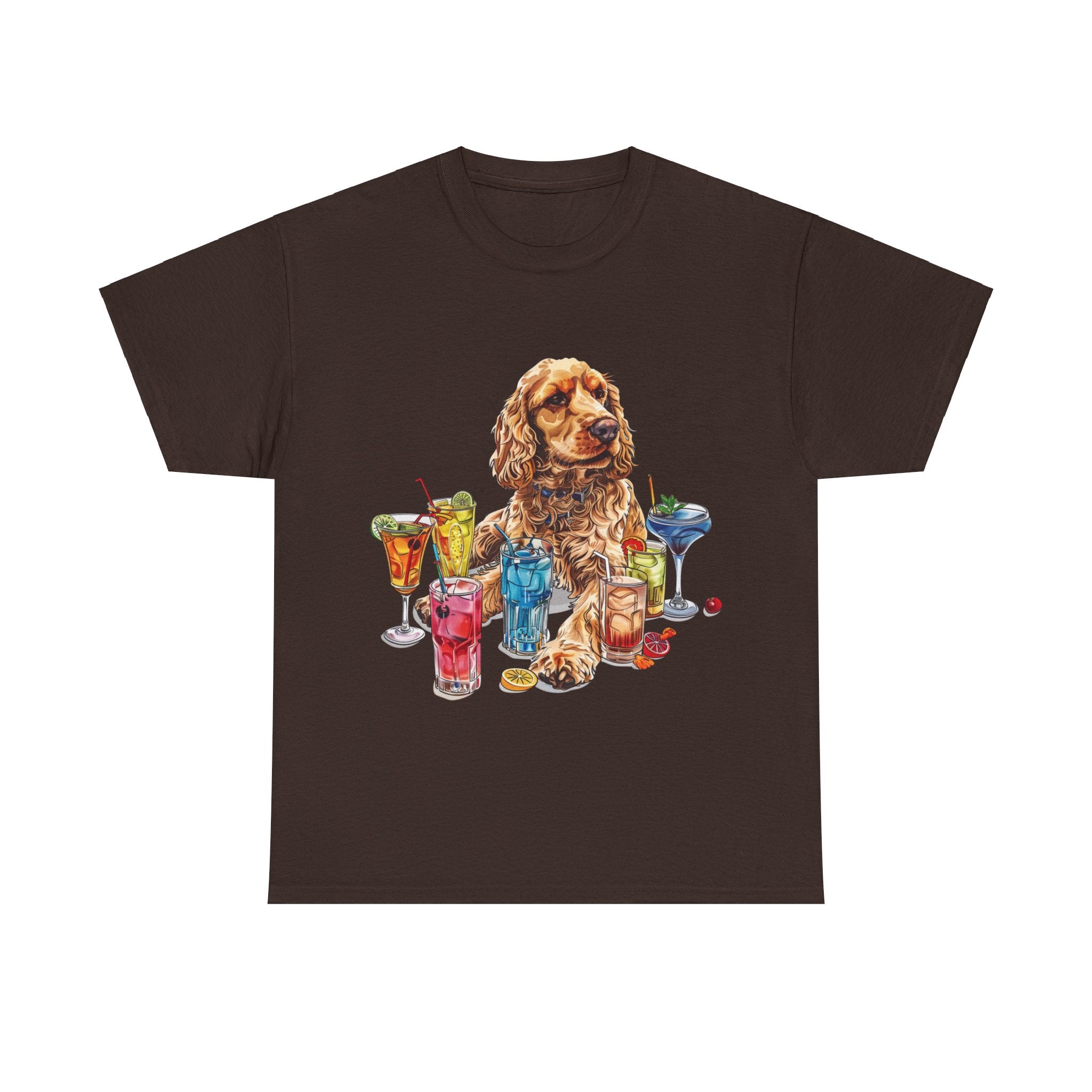 Printify T-Shirt Dark Chocolate / S Charming Cocker Spaniel with Refreshing Cocktails – A Splash of Fun