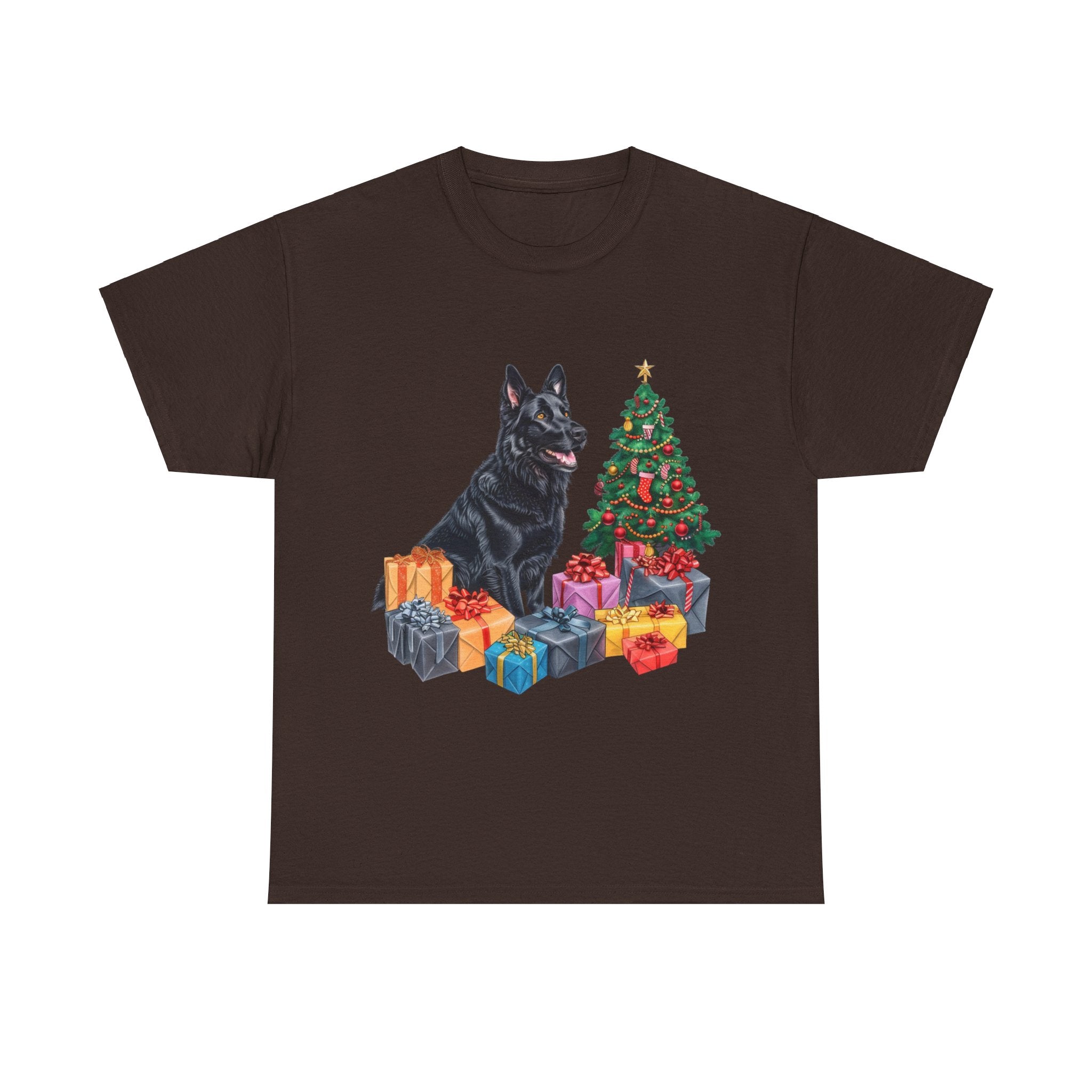 Printify T-Shirt Dark Chocolate / S Christmas Black Shepherd Dog with Gifts and Tree – A Festive and Loyal Companion