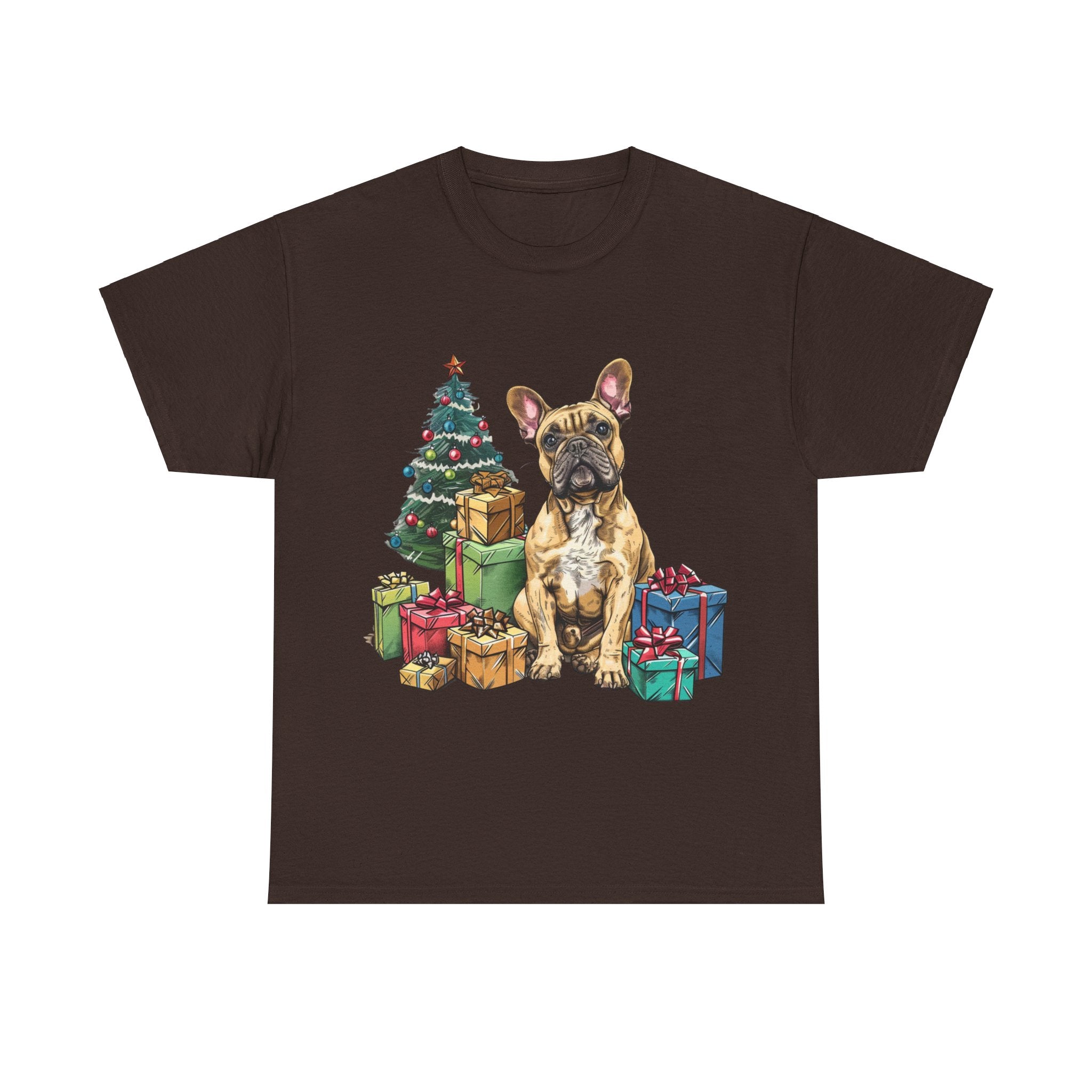 Printify T-Shirt Dark Chocolate / S Christmas French Bulldog with Presents – A Festive and Adorable Holiday Design for Dog Lovers